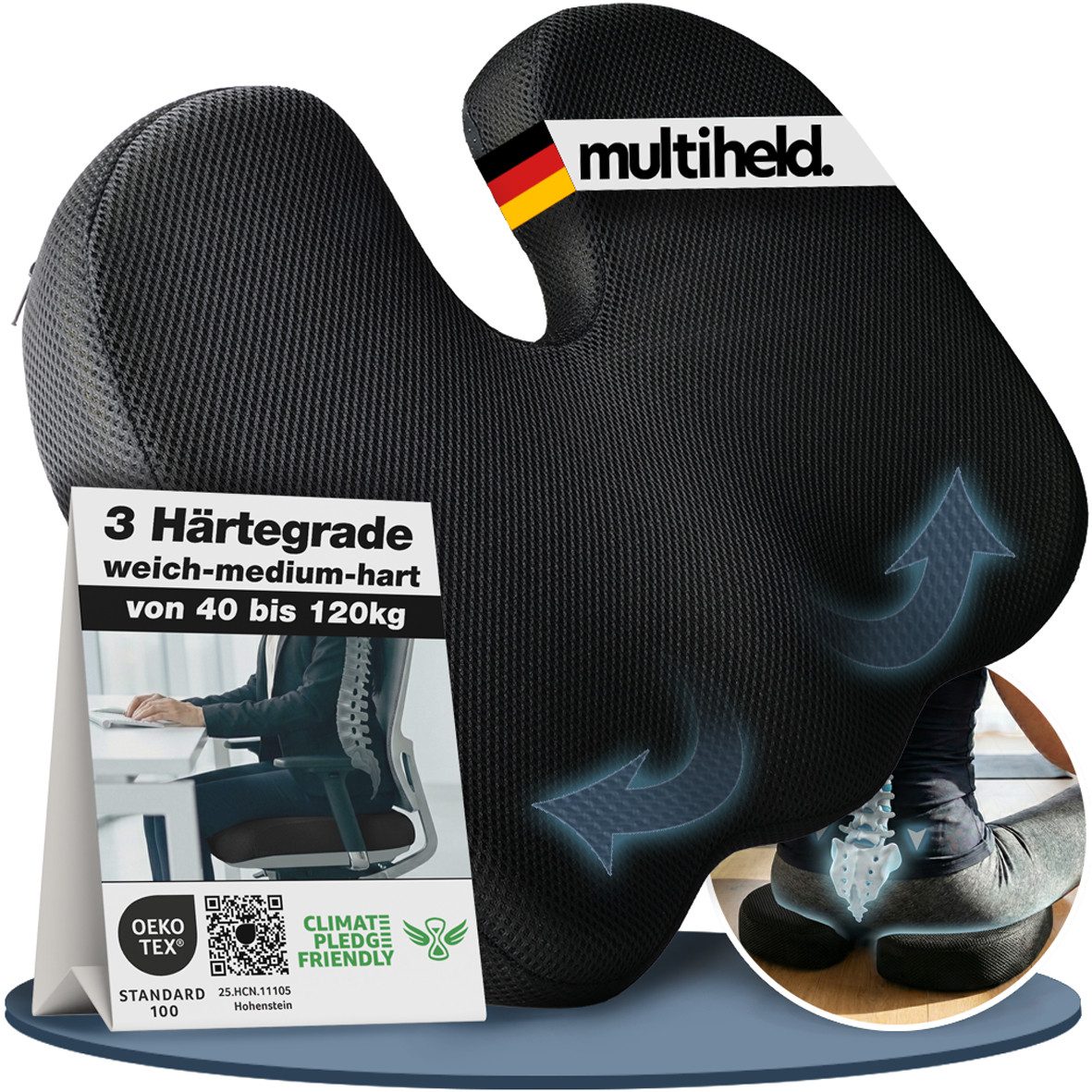 Multiheld Sitzkissen orthopädisch mit Memory Foam (3 HÄRTEGRADE) für Ergonomischen Komfort, Medium 60-90 KG