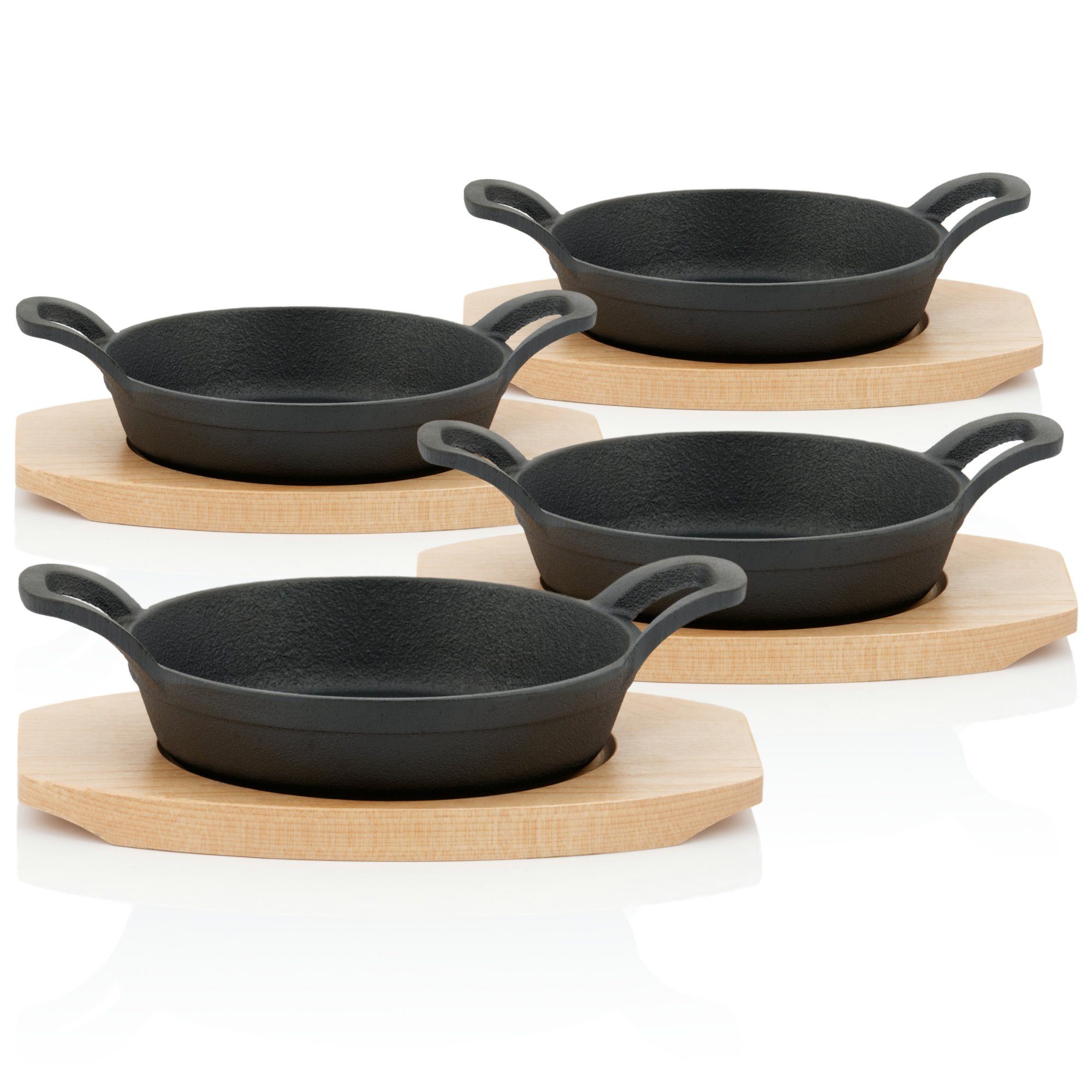 BBQ-Toro Servierpfanne Servierpfännchen mit Holzunterlage (4 Stück), Ø 16, Gusseisen