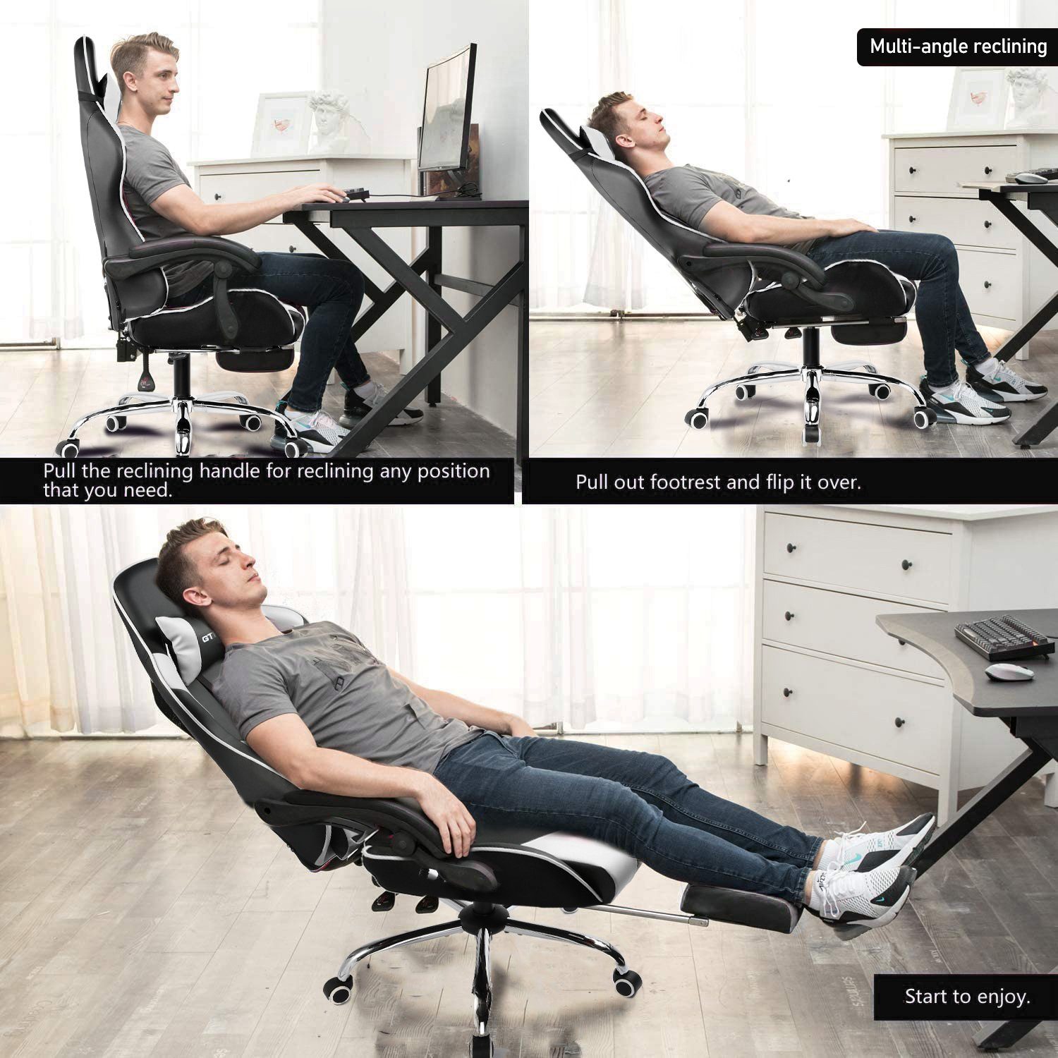 GTPLAYER Gaming-Stuhl mit Fußstütze und belastbar, Massage-Lendenkissen bis Verbindungsarmlehnen mit Stuhl, Zocker Rückenlehne 120kg Bürostuhl Hohe WHITE