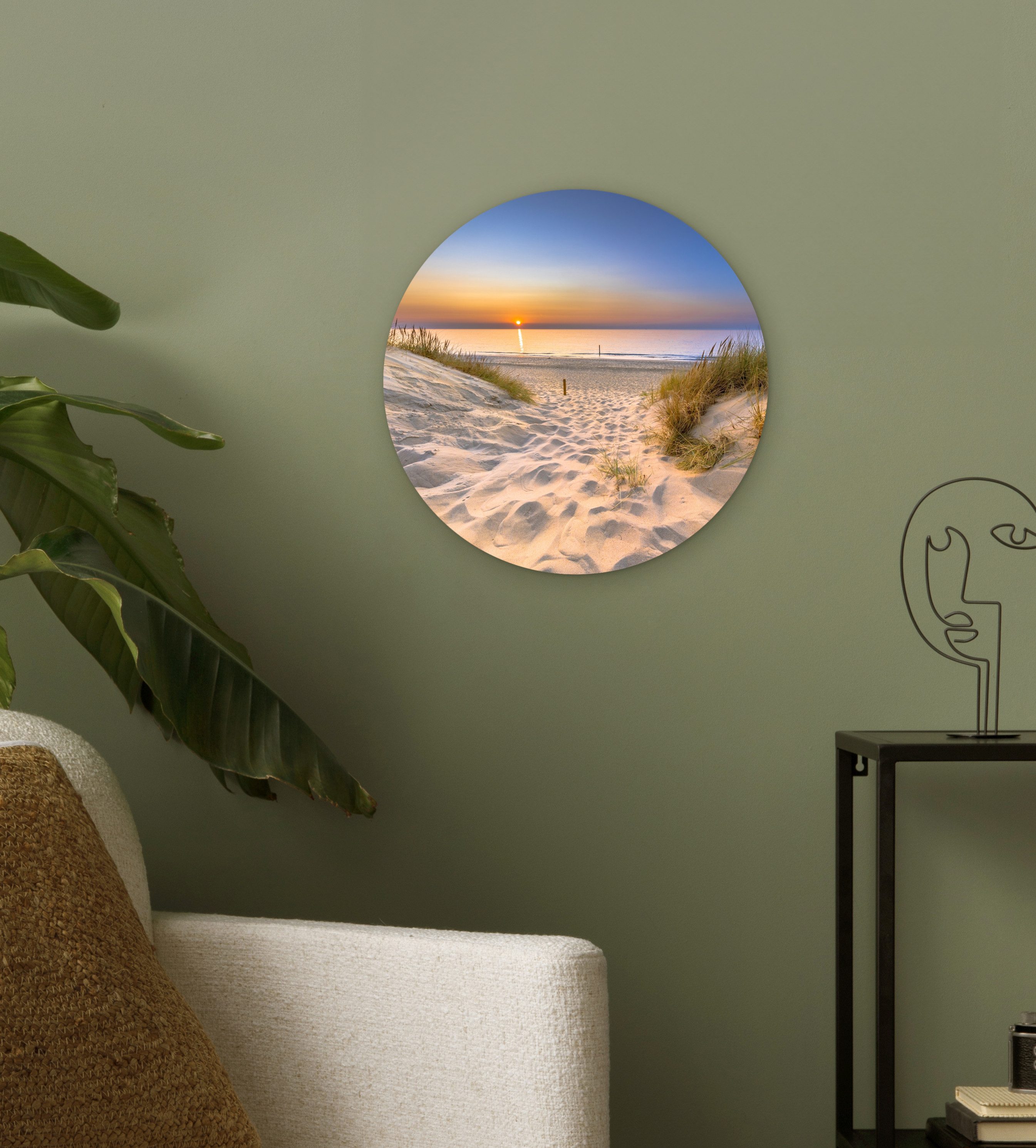 MuchoWow Gemälde Düne - Sonnenuntergang - Horizont - Strand - Gras, Fotodruck (1 St), Kreis Wanddekoration, Rundes Wandbild, 30x30 cm