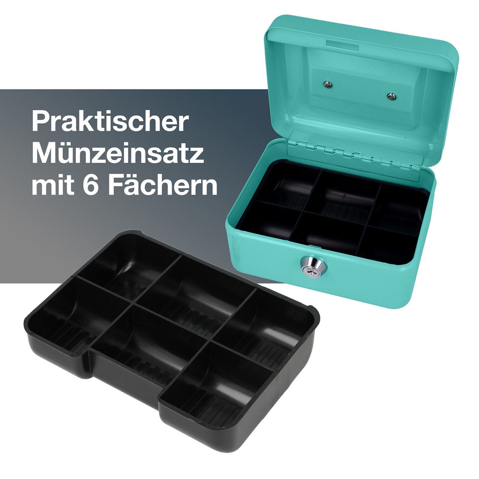 WESTCOTT Geldkassette abschließbar kompakt 15cm Türkis, Münzeinlage, 2 Schlüssel, Einlage für Münzen mit 6 Fächern – Bild 2 von 5