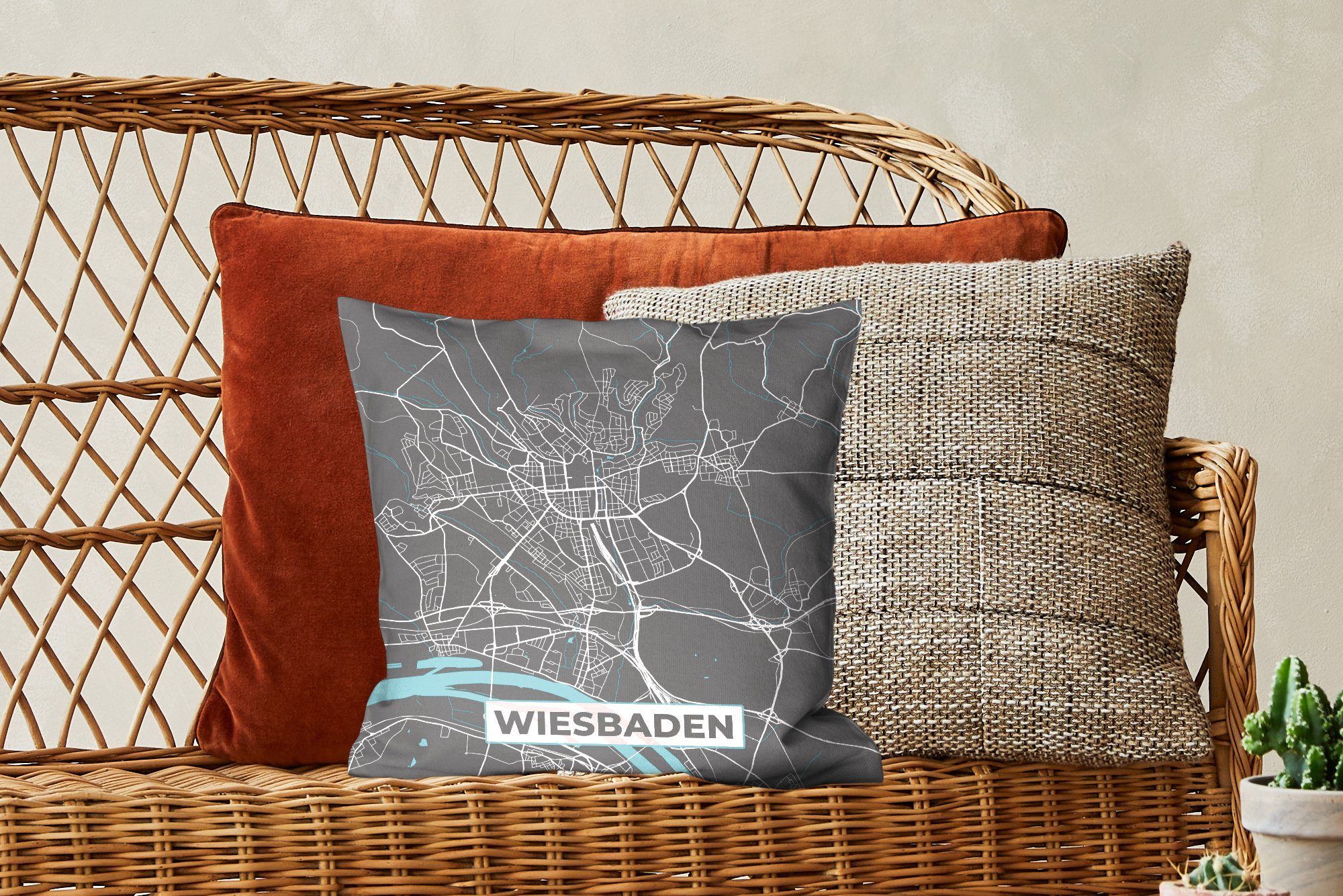 - - Stadtplan Füllung Deutschland Wiesbaden - Blau Schlafzimmer, Zierkissen für Karte, - Deko, Dekokissen mit Sofakissen MuchoWow Wohzimmer,