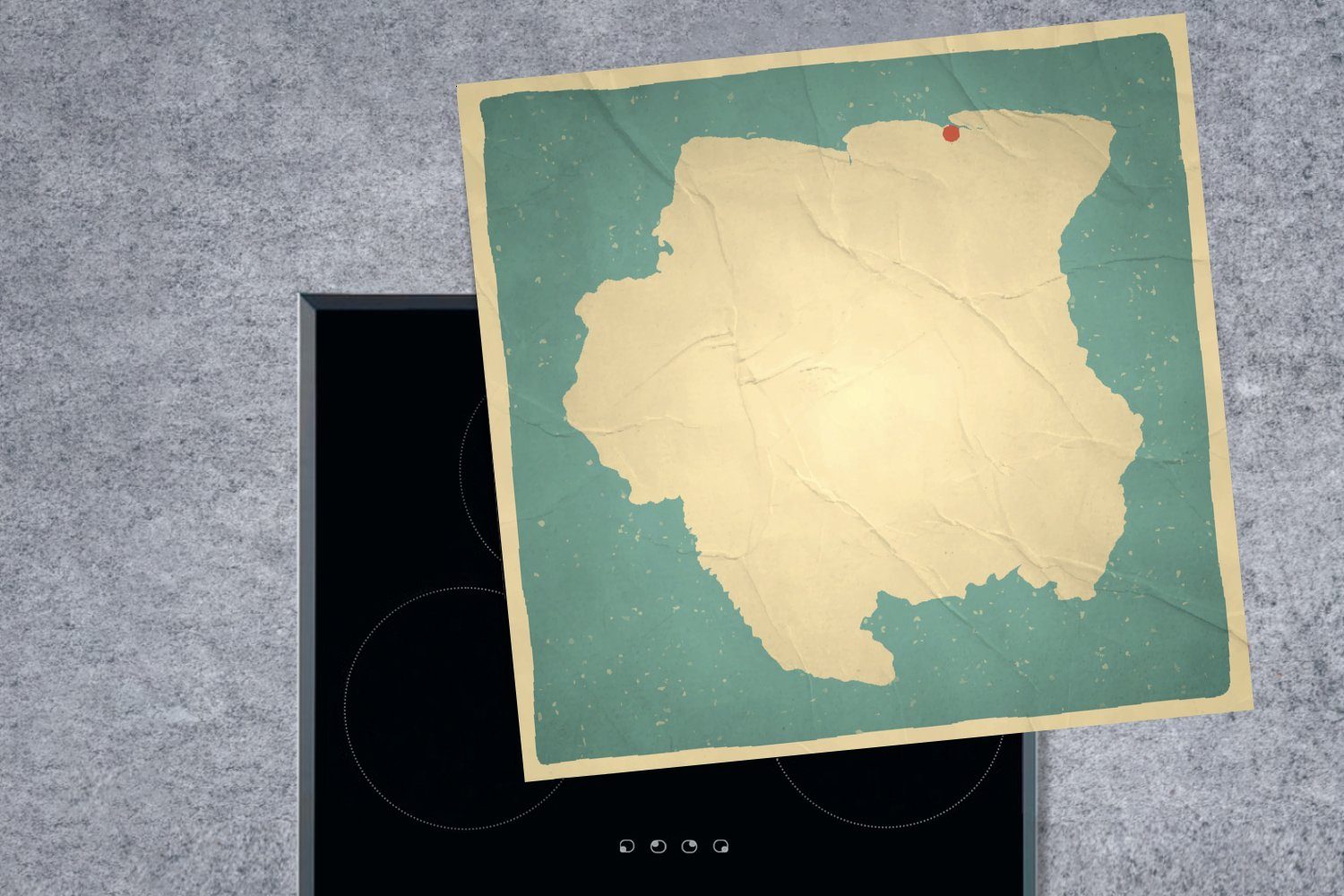 Vinyl, 78x78 MuchoWow Herdblende-/Abdeckplatte Arbeitsplatte illustrierte Eine Version cm, küche tlg), Ceranfeldabdeckung, der für surinamischen (1 mit Karte Vintage-Effekt,