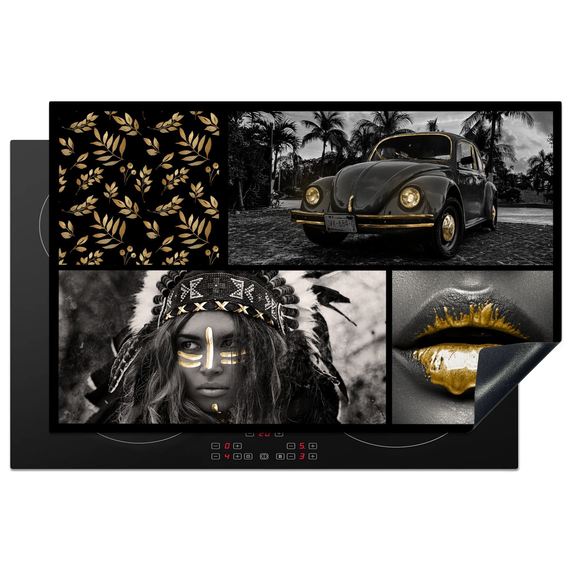 MuchoWow Herdblende-/Abdeckplatte Collage - Gold - Auto - Farbe, Vinyl, (1 tlg), 81x52 cm, Induktionskochfeld Schutz für die küche, Ceranfeldabdeckung