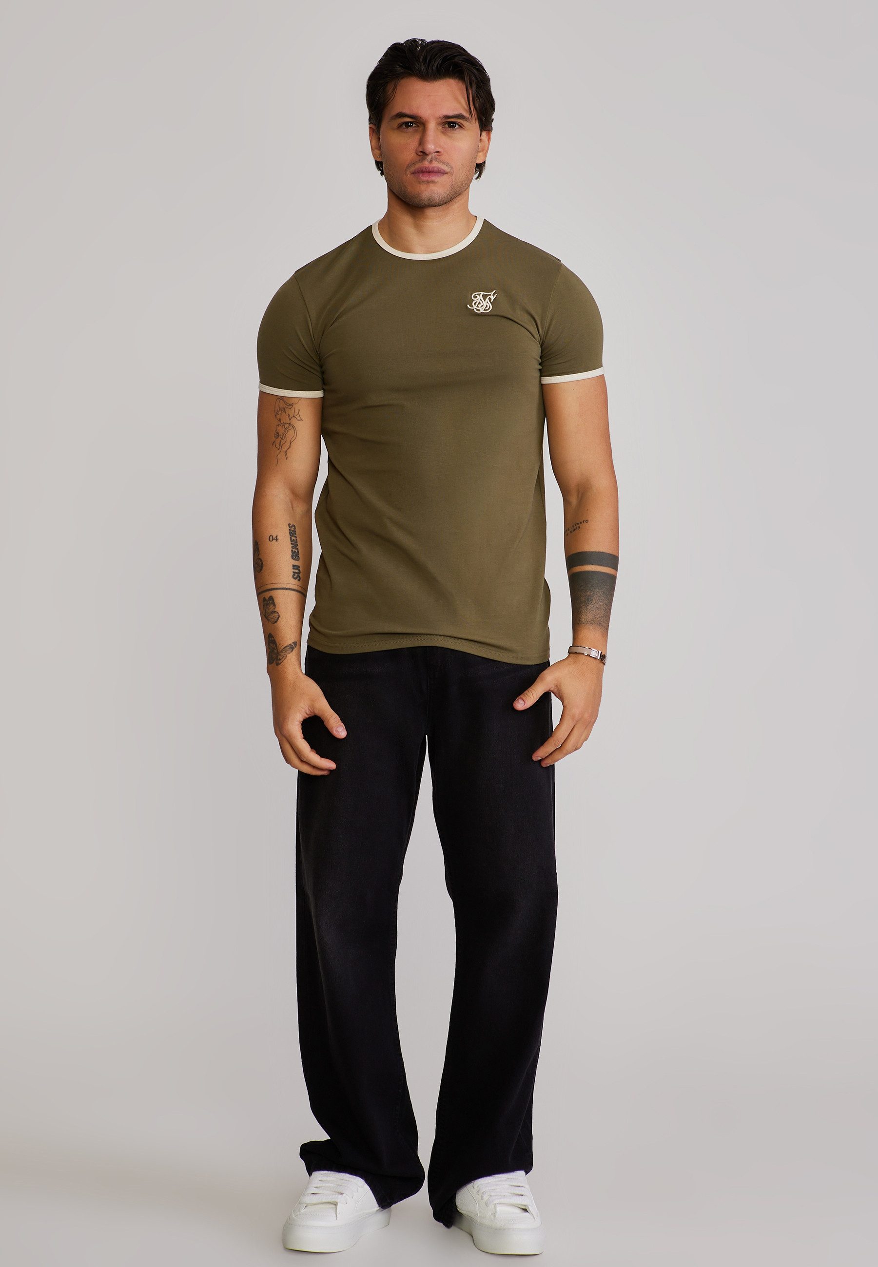 Siksilk T-Shirt SikSilk Herren Khaki Grün and Ecru Ringer T-Shirt