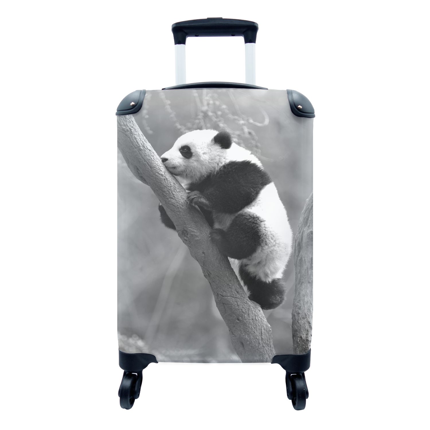 MuchoWow Handgepäckkoffer Junger Panda klettert auf einen Baum - schwarz und weiß, 4 Rollen, Reisetasche mit rollen, Handgepäck für Ferien, Trolley, Reisekoffer