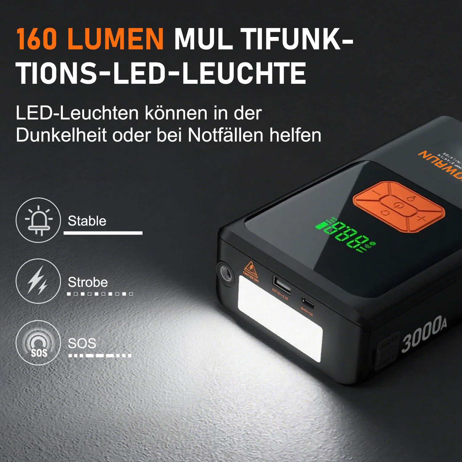 MOPUEA Autobatterie Ladegerät 3000A Starthilfe Powerbank mit Kompressor, LED Autobatterie-Ladegerät (10000 mA, Geräteset, Starthilfe, Klemmen, Luftschlauch, Kabel, Adapter, Tasche, 150PSI Kompressor, LED-Lampe, 10000mAh Powerbank, 8-fach Schutzsystem)