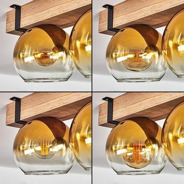 hofstein Deckenleuchte Deckenlampe aus Metall/Holz/Glas in Schwarz/Natur/Goldfarben/Klar, ohne Leuchtmittel, Holzbalken und Glasschrimen Ø15cm, 5x E27, ohne Leuchtmittel