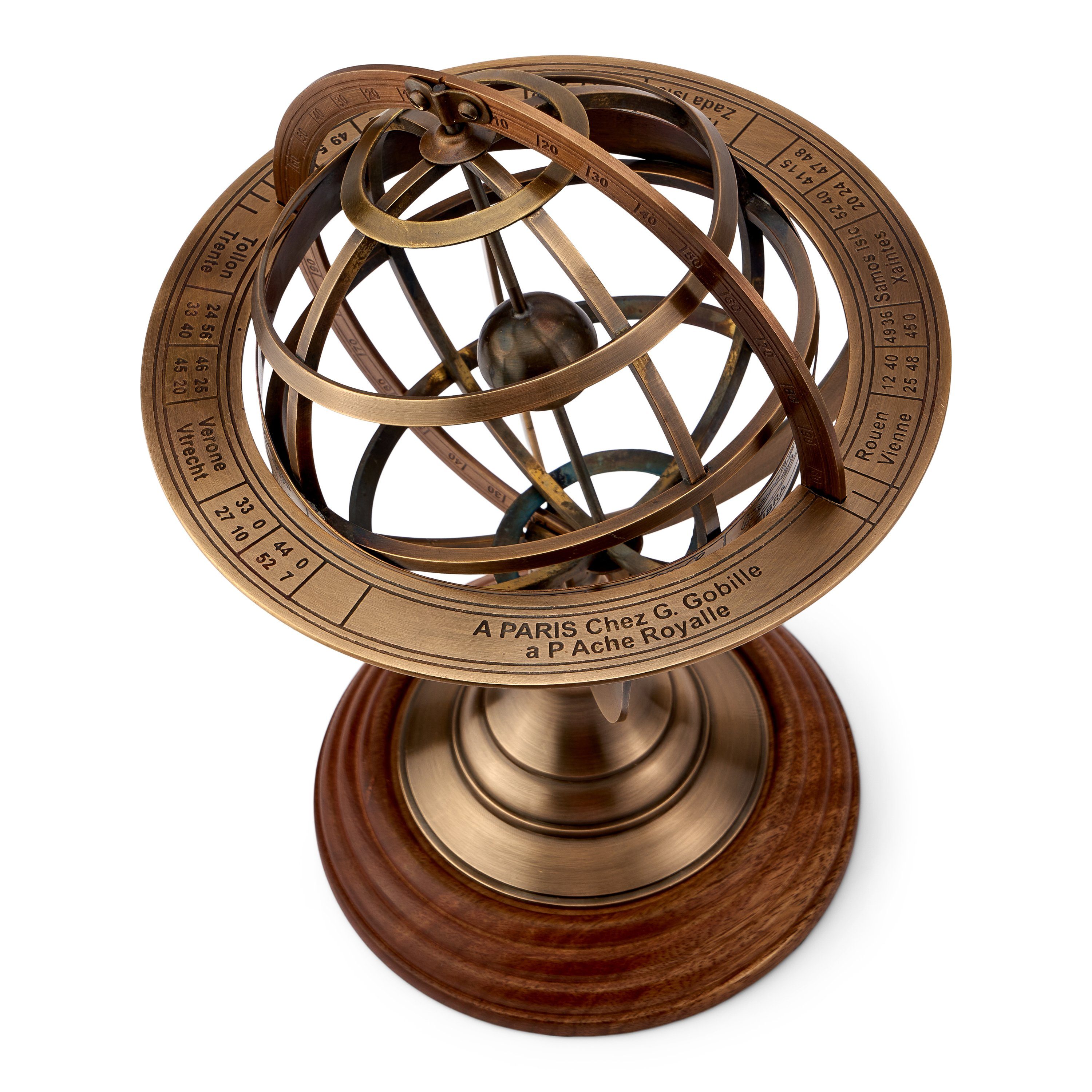 NKlaus Dekofigur Armillarsphäre aus Messing antik Holzsockel 27x19cm Astronomische Armi, Made in Germany