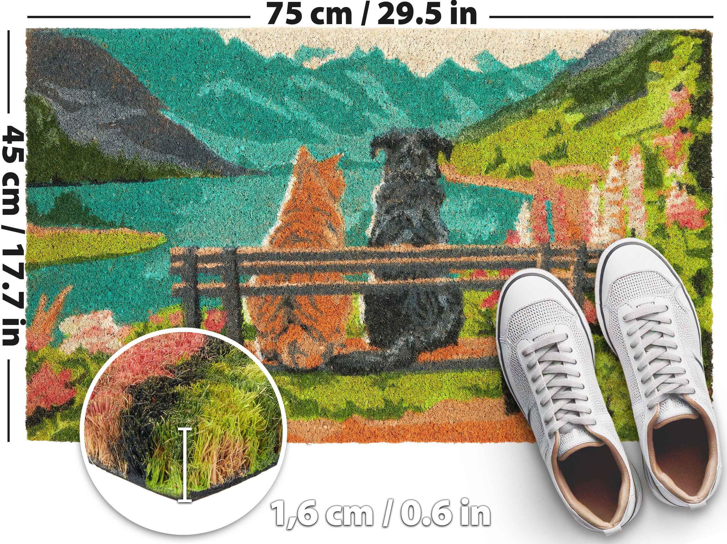 BRUBAKER Fußmatte Hund und Katze auf Bank vor Bergsee mit Blumen - Schmutzf günstig online kaufen