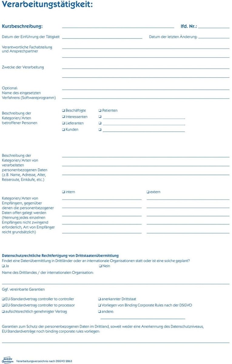 Formularblock Verarbeitungsverzeichnis A4 VE=28 Blatt.