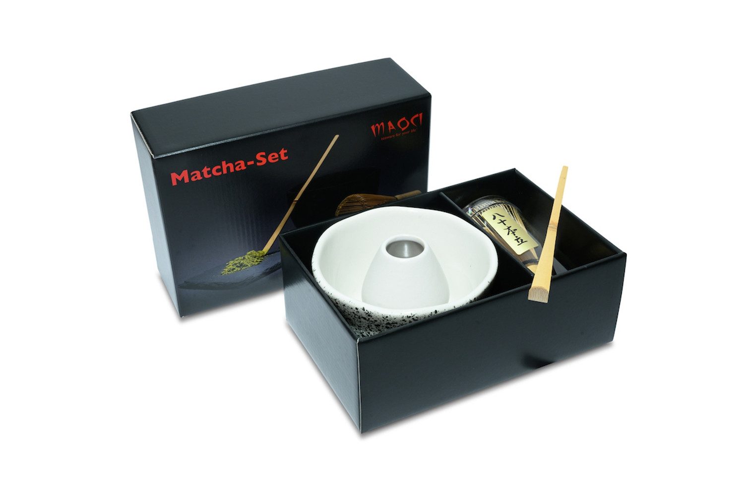 MAOCI teaware for your life Teeschale Matchaset Premium weiß petrol Sprenkel Schale Besen Löffel Besenhalter, 1-tlg., 4 tlg. Premiumset im Geschenkkarton