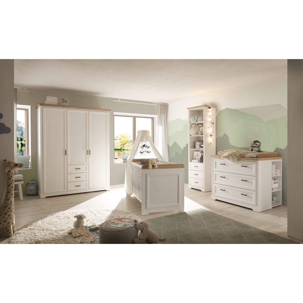 Lomadox Babyzimmer-Komplettset JASPER-78, (4-tlg), Anderson Pine Nb. weiß, Eiche Nb.,Bett, Schrank, Kommode, Standregal
