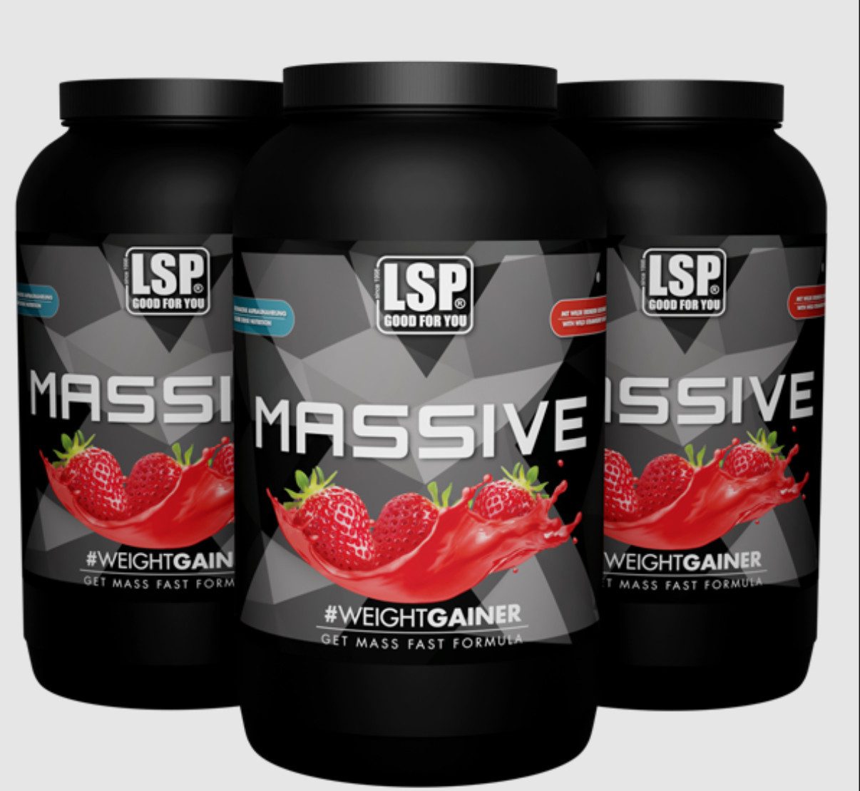 LSP 3x MASSIVE X 1.200g Protein Kohlenhydrat Wild Strawberry Erdbeere SET Pulver, 3 er Set à 3600 g, Geschmack