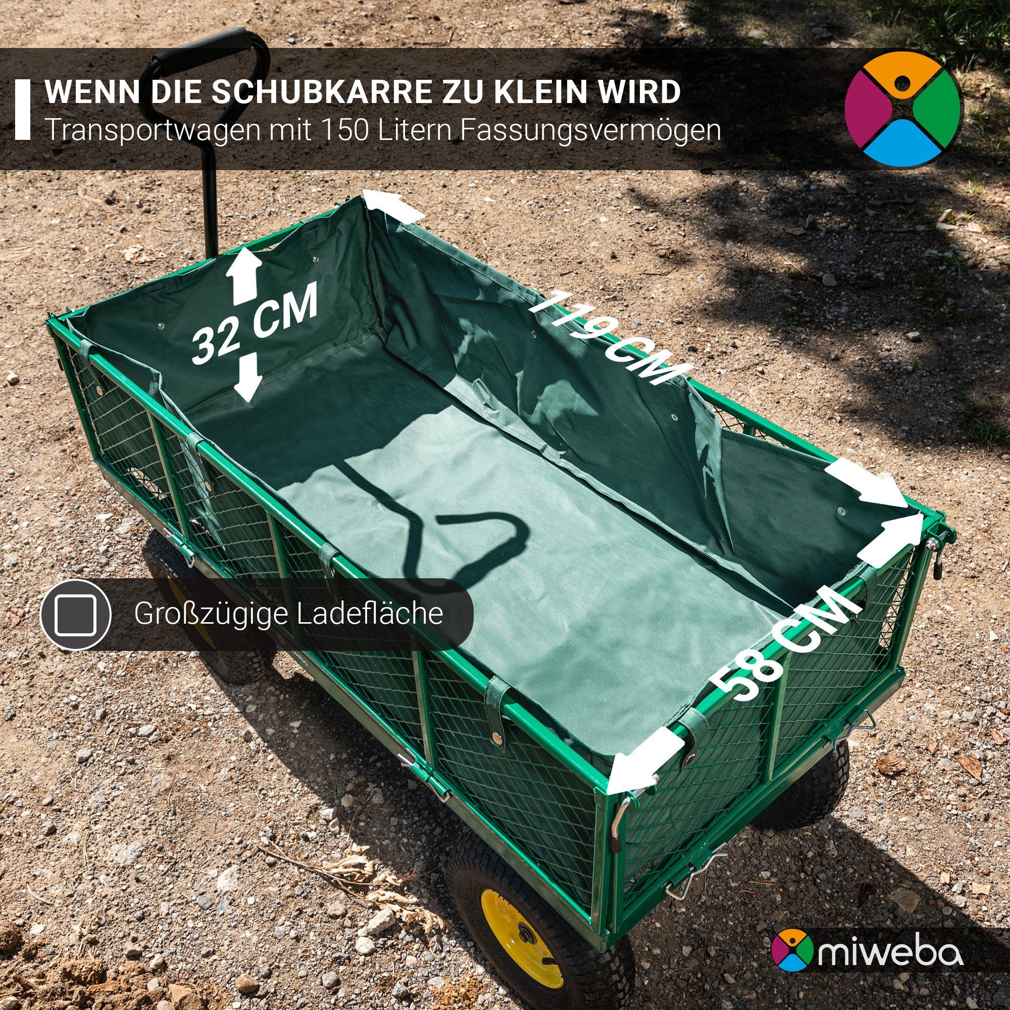 miweba Bollerwagen kompakter Handwagen Plane Liter herausnehmbar), 2-tlg., Klappbare - Kippfunktion Gartenwagen - - Wände - - (bis Transportkarre Kg/220 - Schwarz Handkarren Anhängerfunktion, Faltwagen Gerätewagen MB-700 700