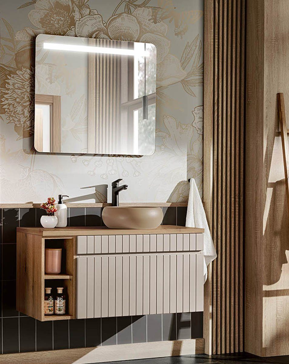 einfachgutemoebel Waschtisch-Set Badezimmer KARATA 100cm Set 2-tlg., mit Aufsatzbecken, kaschmir grey, (Badmöbel Set, 1-St., Waschtisch Set 2-tlg)
