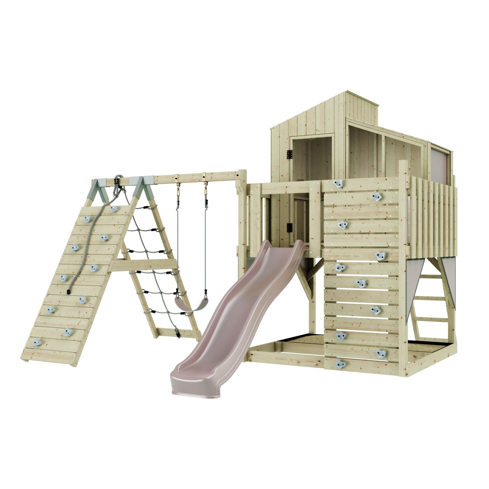 OutdoorToys Spielturm Julie aus Holz in Altrosa mit Kinderschaukel & Rutsche, Kletterwand, aus Holz in Altrosa mit Kinderschaukel & Rutsche, Kletterwand