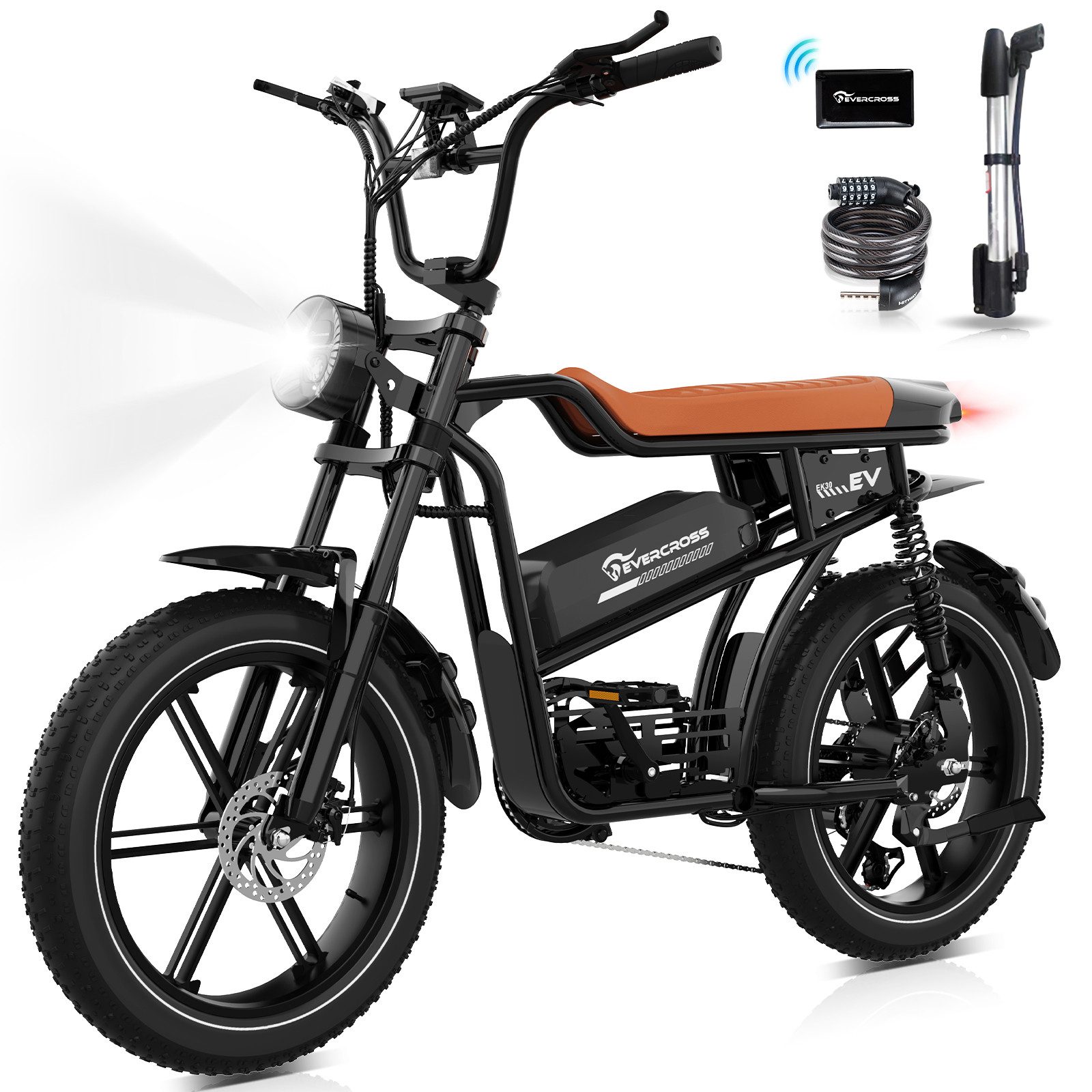 EVERCROSS TECH E-Bike EK30 20” x 4,0 fette Reifen MTB, 48V 15AH Removable Battery, NFC, Heckmotor, 720 Wh, bis 55-100km, 7 Gang Shimano, Kettenschaltung, Heckmotor