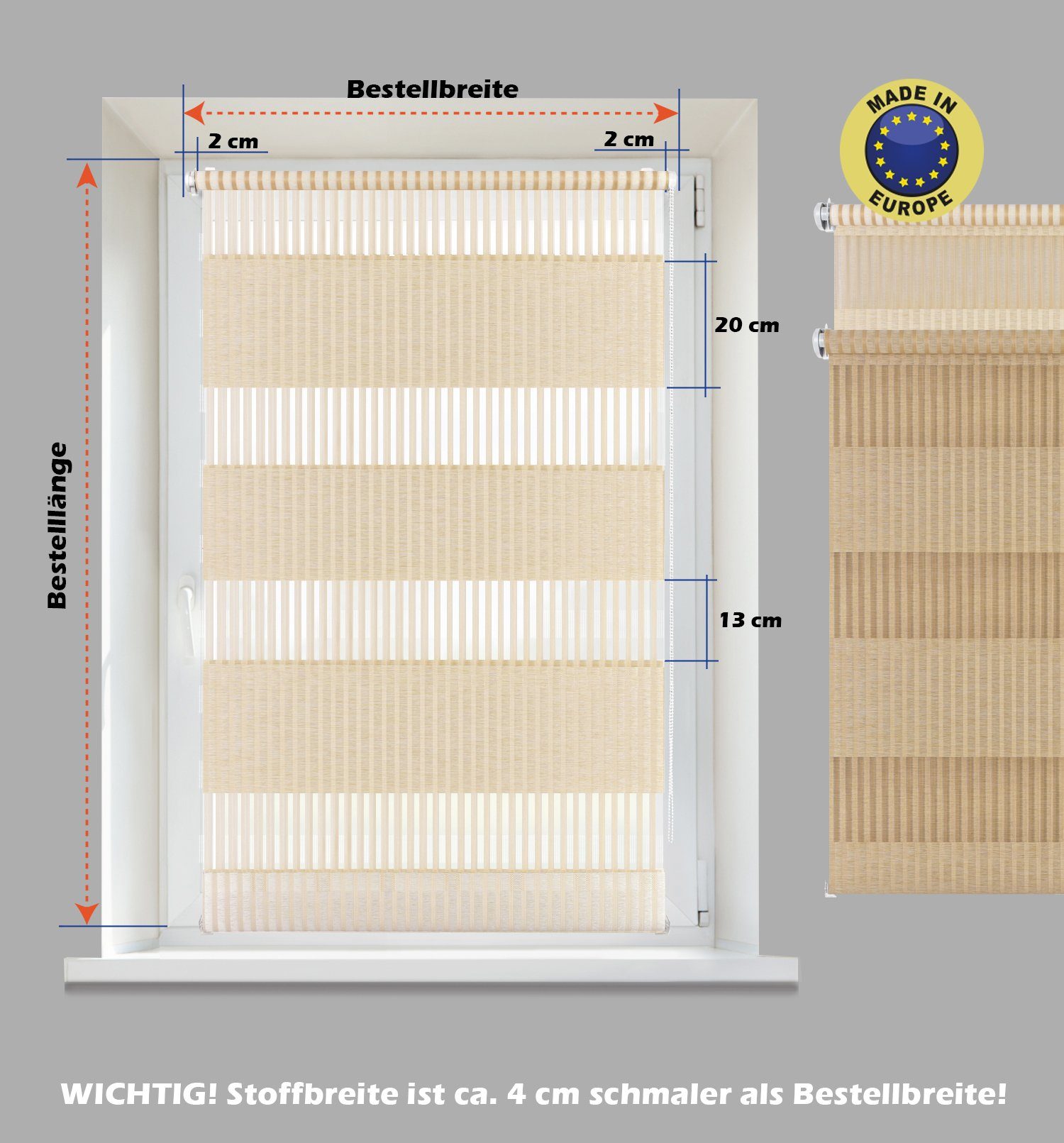 oder breiten "Bambus" extra Bambusgras-Op, Doppelrollo Schraubmontage mit Doppelrollo Stoff-Streifen in Klemm- Creme DomDeco,