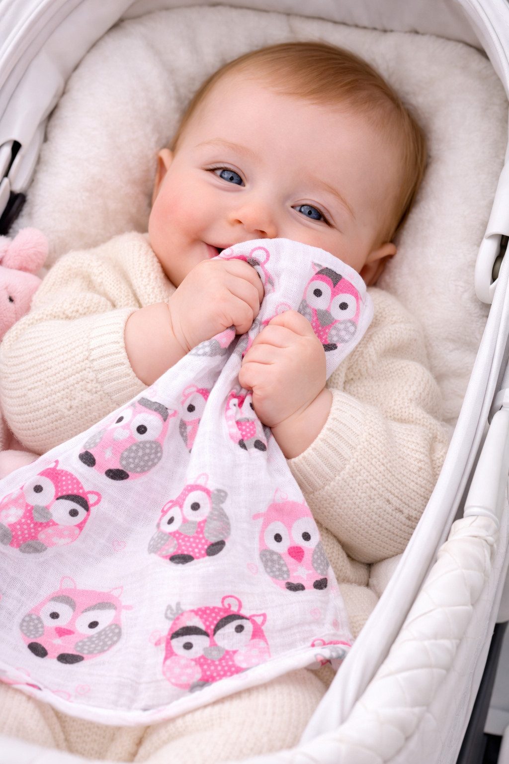 La Bortini Spucktuch Babytücher Baby Mullwindeln 10er Pack Mulltücher Schmusetücher, aus reiner Baumwolle, 68x78cm, in Weiß Pink mit Vögel Eulen Muster