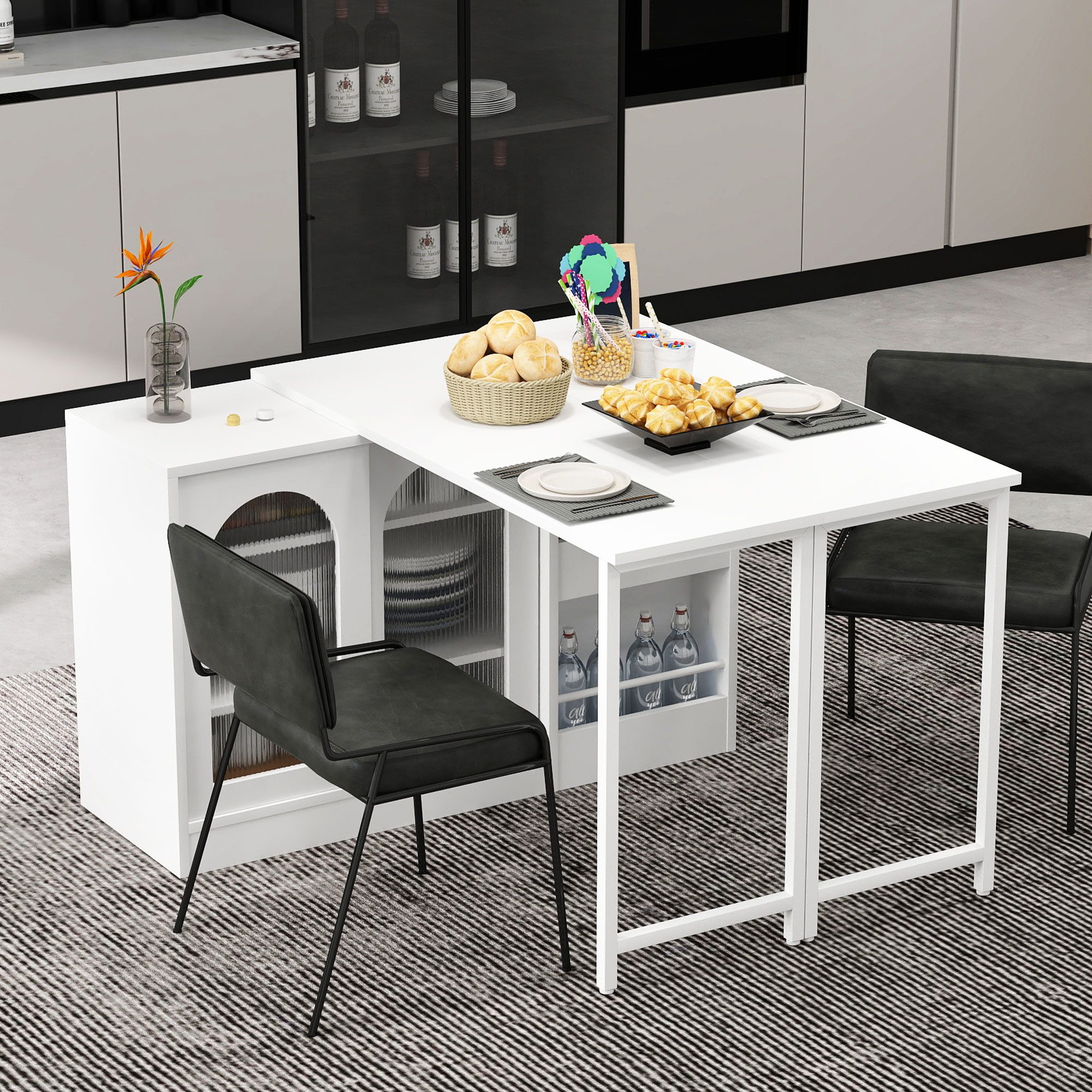 Flieks Sideboard mit 360° drehbar Tisch und verstellbarer Einlegeböden 2-in-1 (2 St., klappbare Tischplatte T40-80 cm), erweiterbarer Esstisch & Mehrzweckschrank mit Glasschiebetüren Weiß