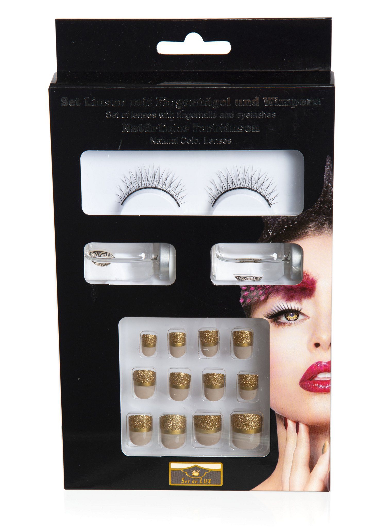 glitter-gold, Wimpern, Set Schminkset mit und Kompaktes SFX Bandwimpern Fingernägeln Metamorph Make-up Kontaktlinsen
