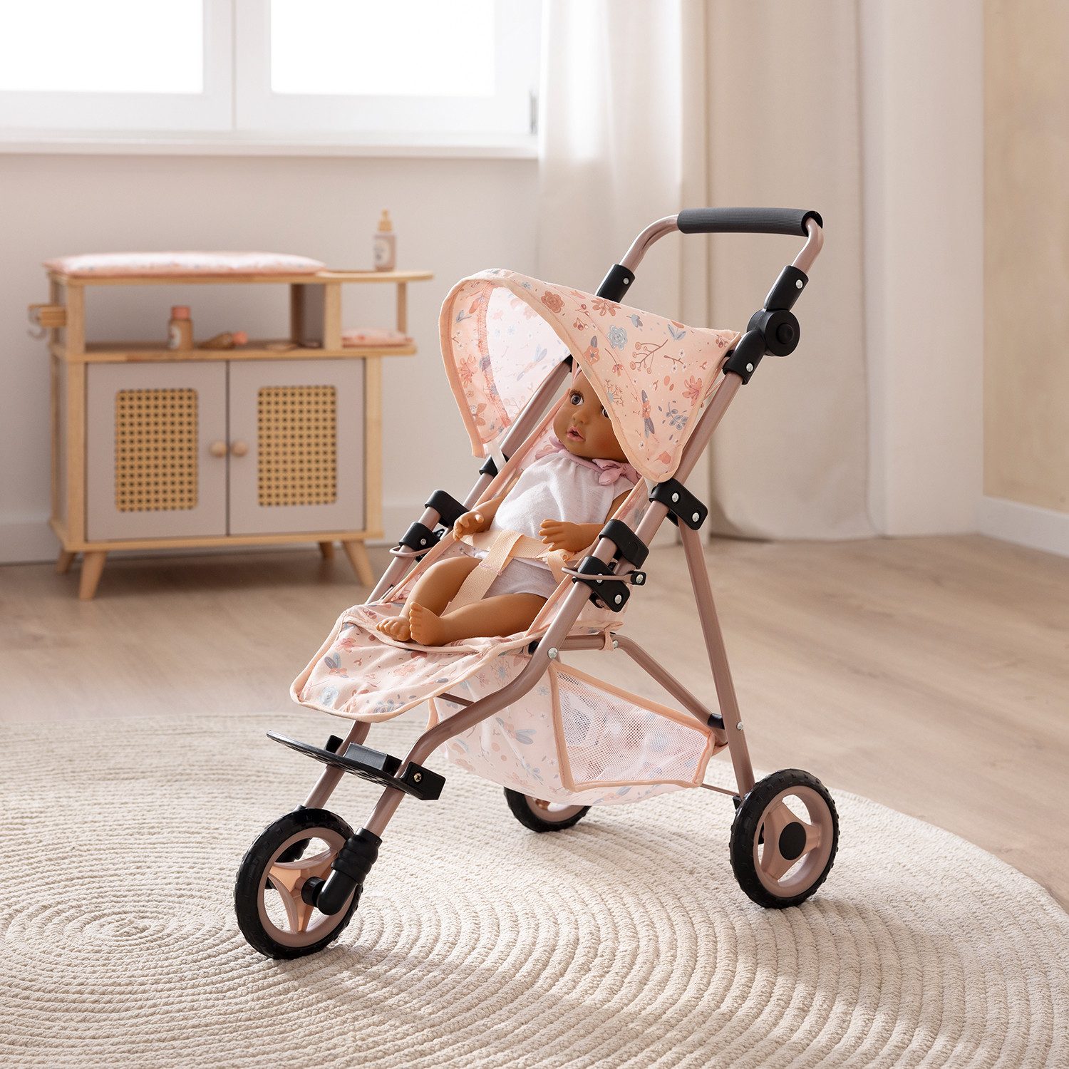 howa Puppenbuggy miniflowers, für Puppen bis 50cm, mit höhenverstellbaren Griff, zusammenklappbar