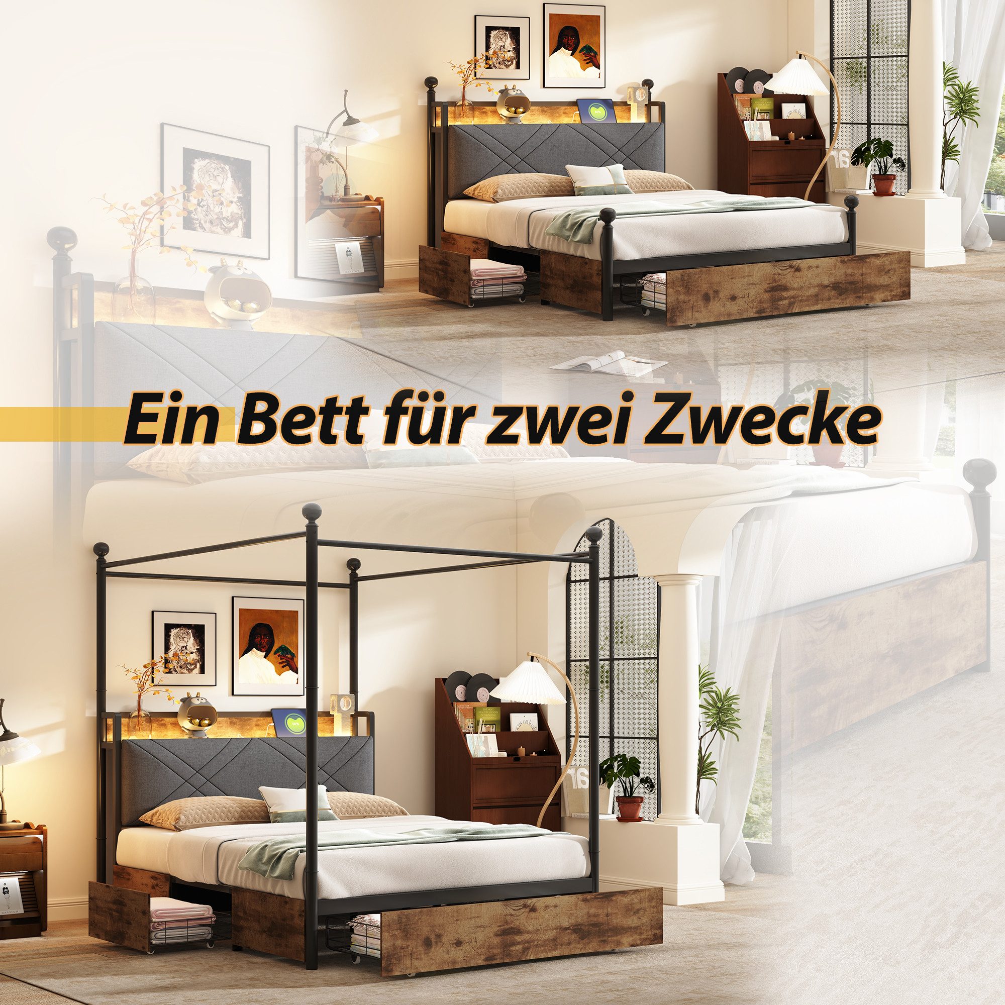Celya Himmelbett Multifunktionales Doppelbett Jugendbett (ohne Matratze, mit abnehmbaren Bettpfosten mit LED, USB undType-C, mit Stauraum), ideal für moderne Schlafzimmer, Jugendzimmer oder kompakte Wohnungen
