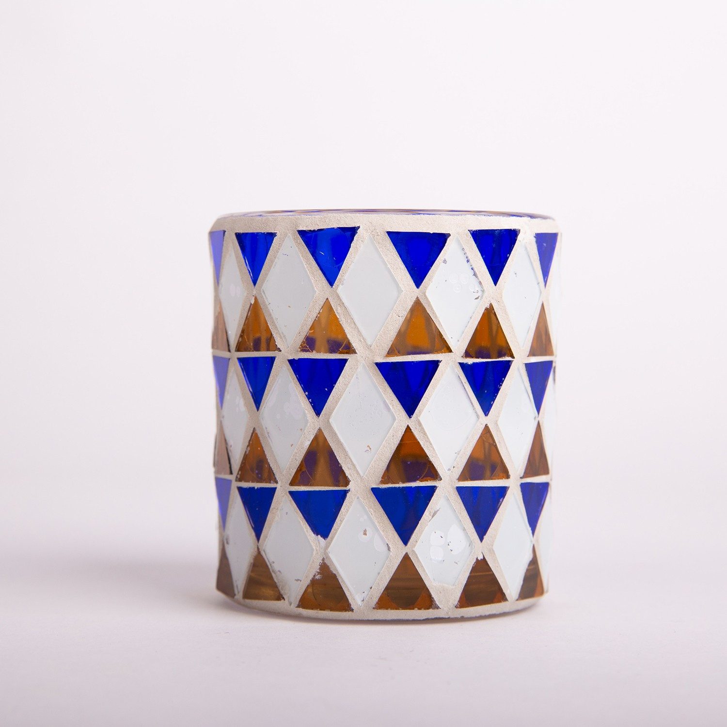 INNA-Glas Kerzenhalter Teelichtglas Samira, Mosaik, Zylinder - rund, blau weiß, 7x7x8cm