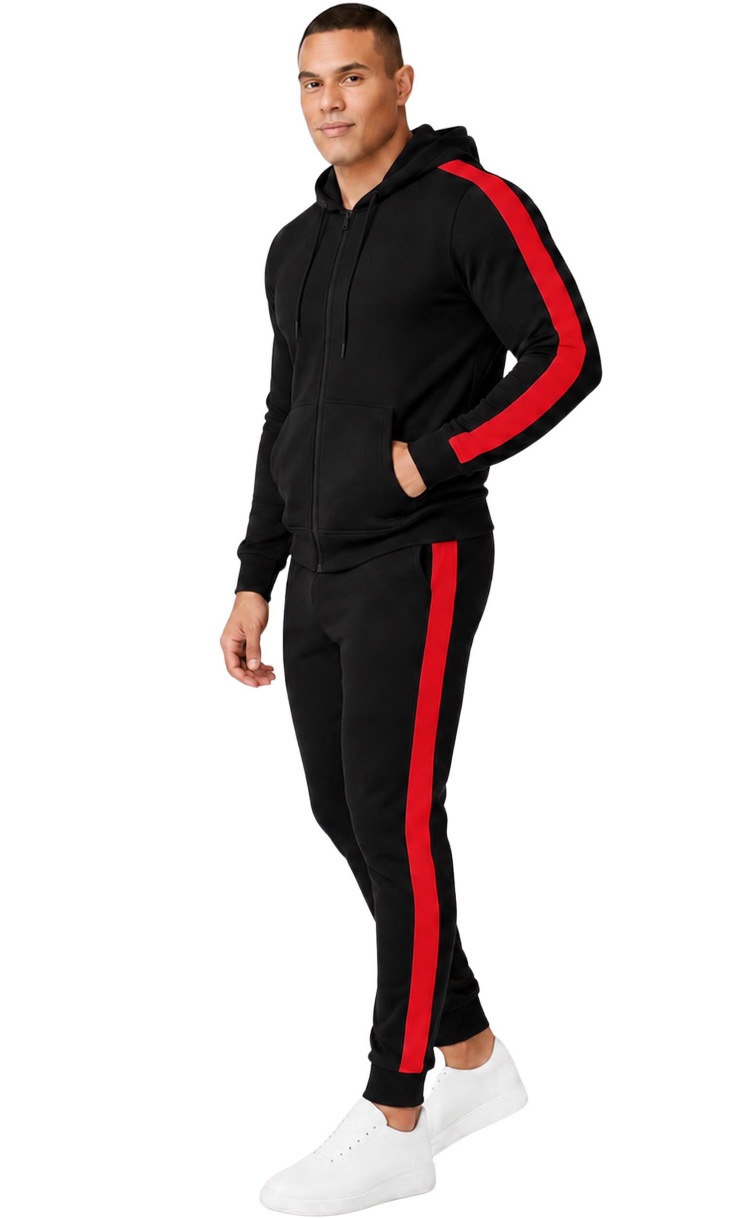 L.gonline Freizeitanzug Herren Jogginganzug zweifarbig sportlich mit Streifen, 526 (Kapuzenjacke mit Reißverschluss, Hose, 2-tlg), Fitness Freizeit Casual