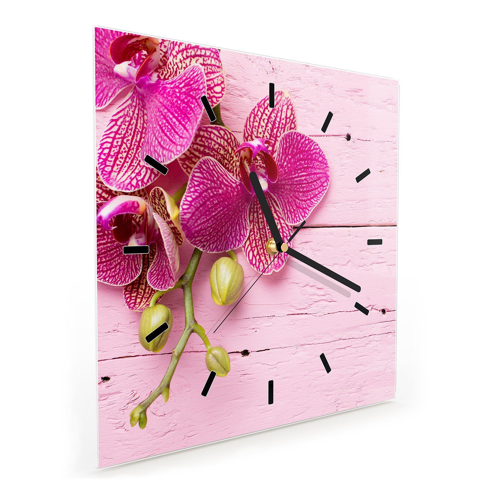 Holz Wandkunst 30 30 mit x Glasuhr Wanduhr cm Wanduhr Größe Primedeco Orchideenzweig auf Motiv