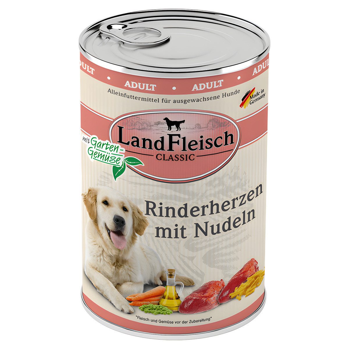LANDFLEISCH Classic Rinderherzen mit Nudeln & Gartengemüse 400 g - 6 Stück, Nassfutter für: Hund
