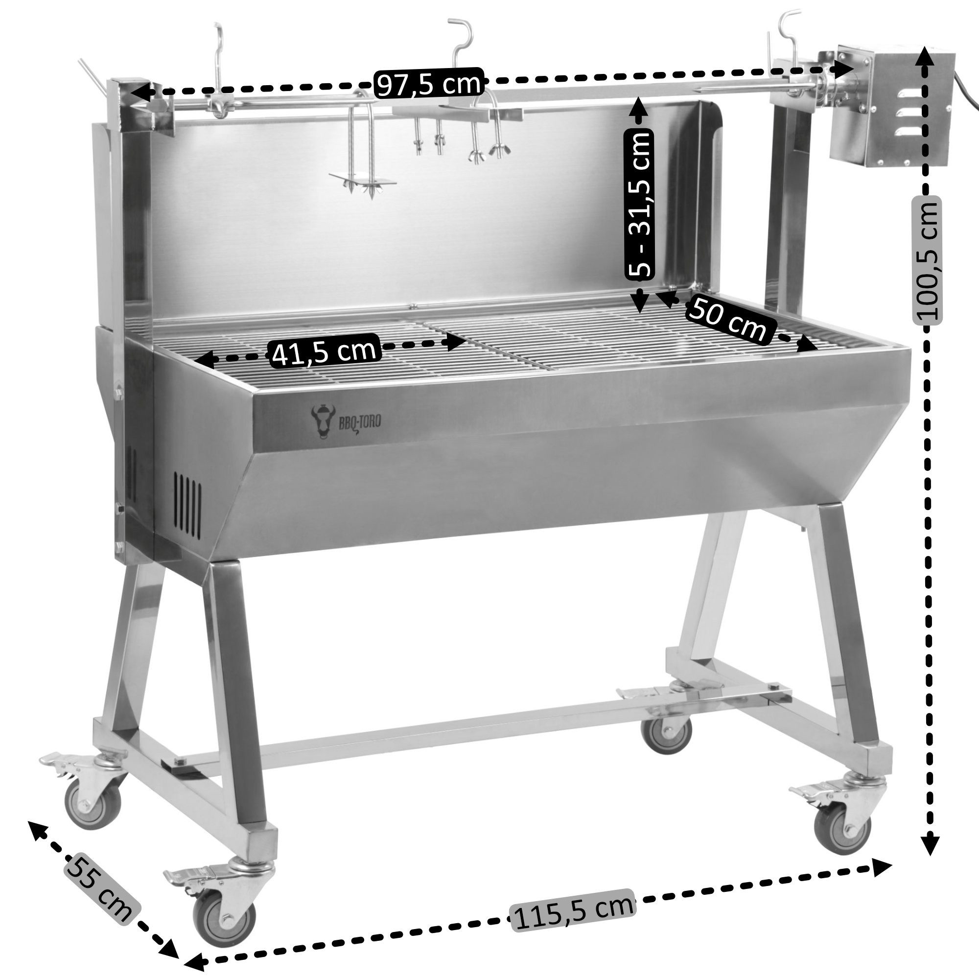 BBQ-Toro Spanferkelgrill Mobiler Edelstahl Spanferkelgrill, bis 60 kg, Rotisserie Grill, Höhenverstellbarer Grillspieß