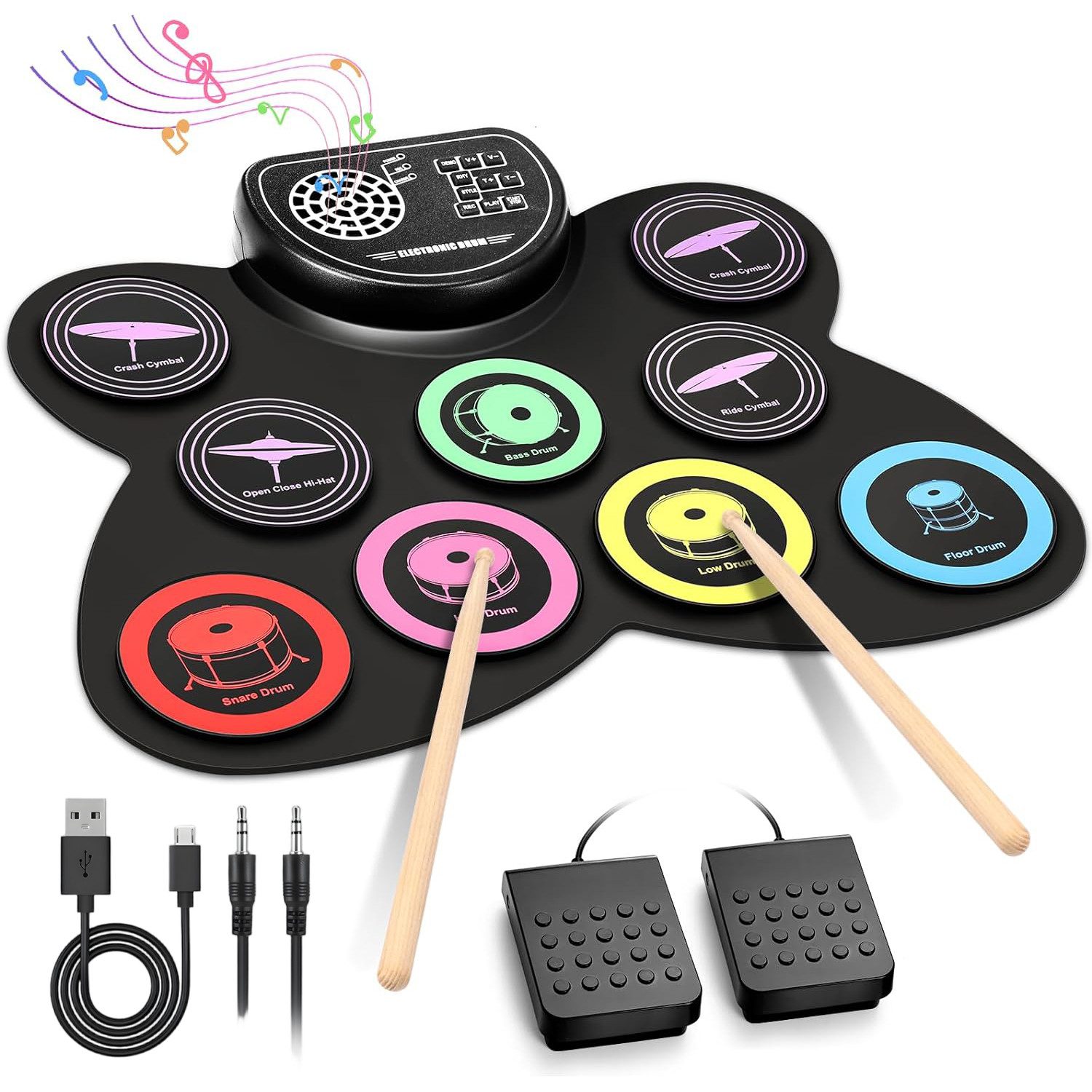 AKKEE E-Drum Schlagzeug Elektronisch Drum Set, 9 Pads Aufrollbar, Eingebauter Stereo-Lautsprecher, Unterstützt einen Kopfhörerausgang