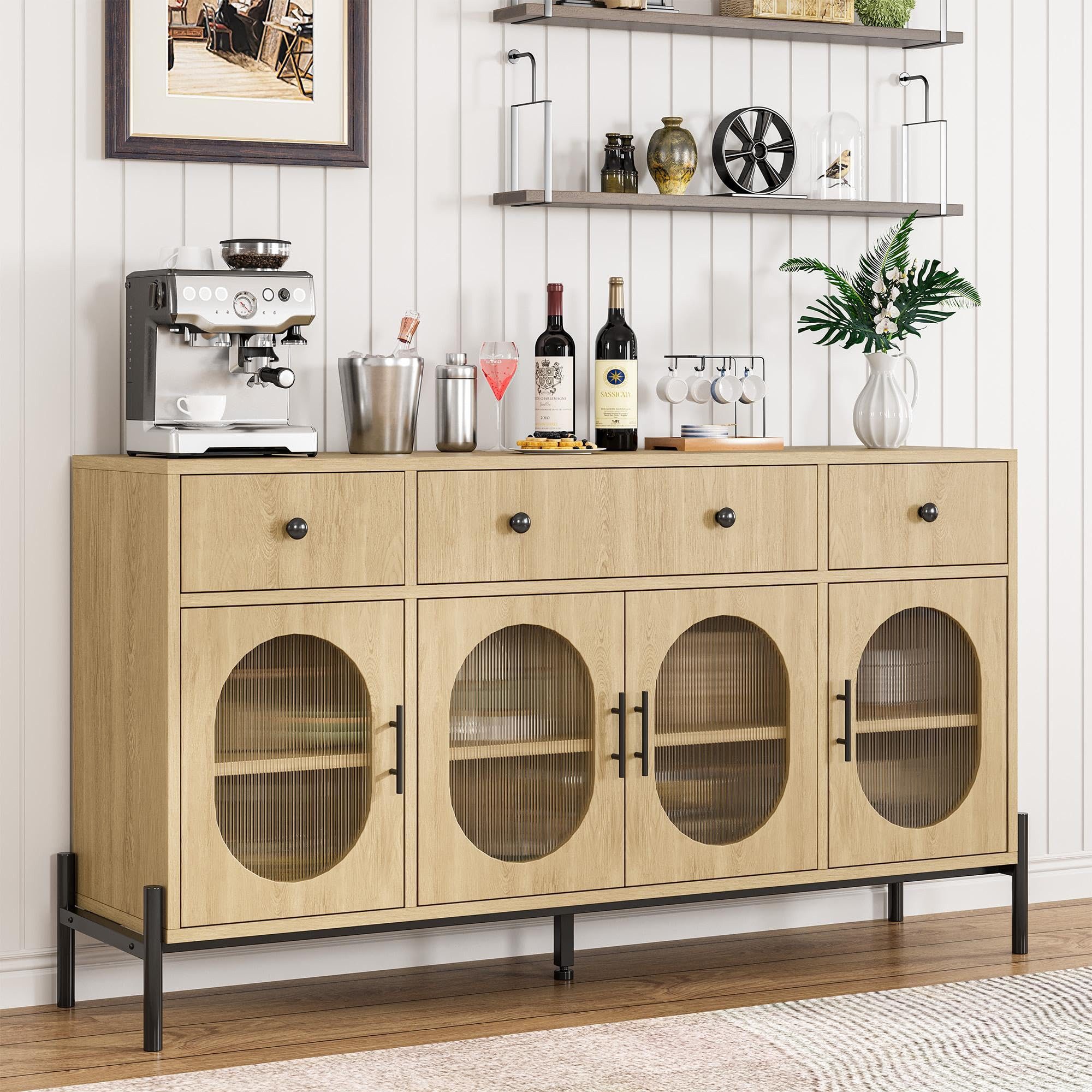 GarveeMore Sideboard Holzschrank mit Glastür und drei Schubladen