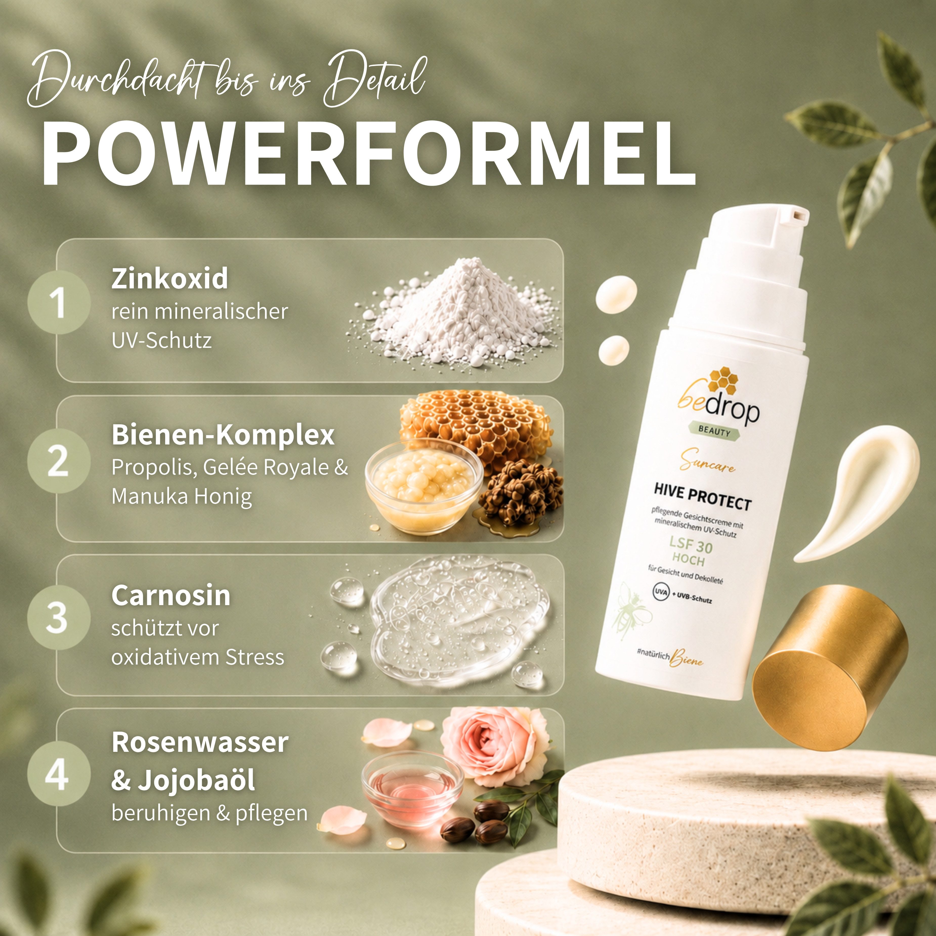 bedrop Sonnenschutzcreme HIVE PROTECT LSF 30 - für Gesicht & Dekolleté mit UVA & UVB-Schutz, Natürlicher Sonnenschutz mit wertvollen & pflegenden Bienenwirkstoffen