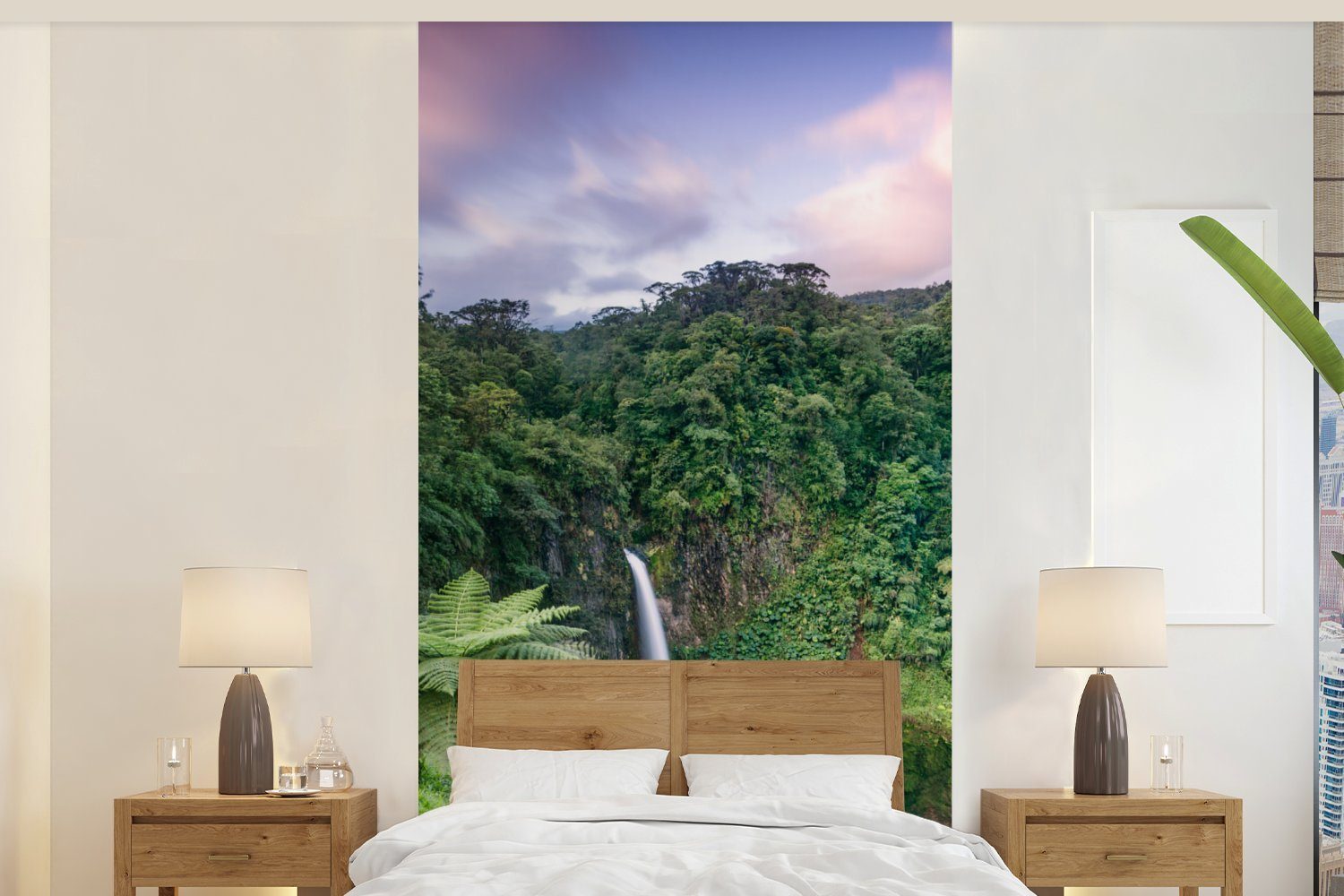 MuchoWow Fototapete Wasserfall - Sonnenuntergang - Dschungel, Matt, bedruckt, (2 St), Vliestapete für Wohnzimmer Schlafzimmer Küche, Fototapete