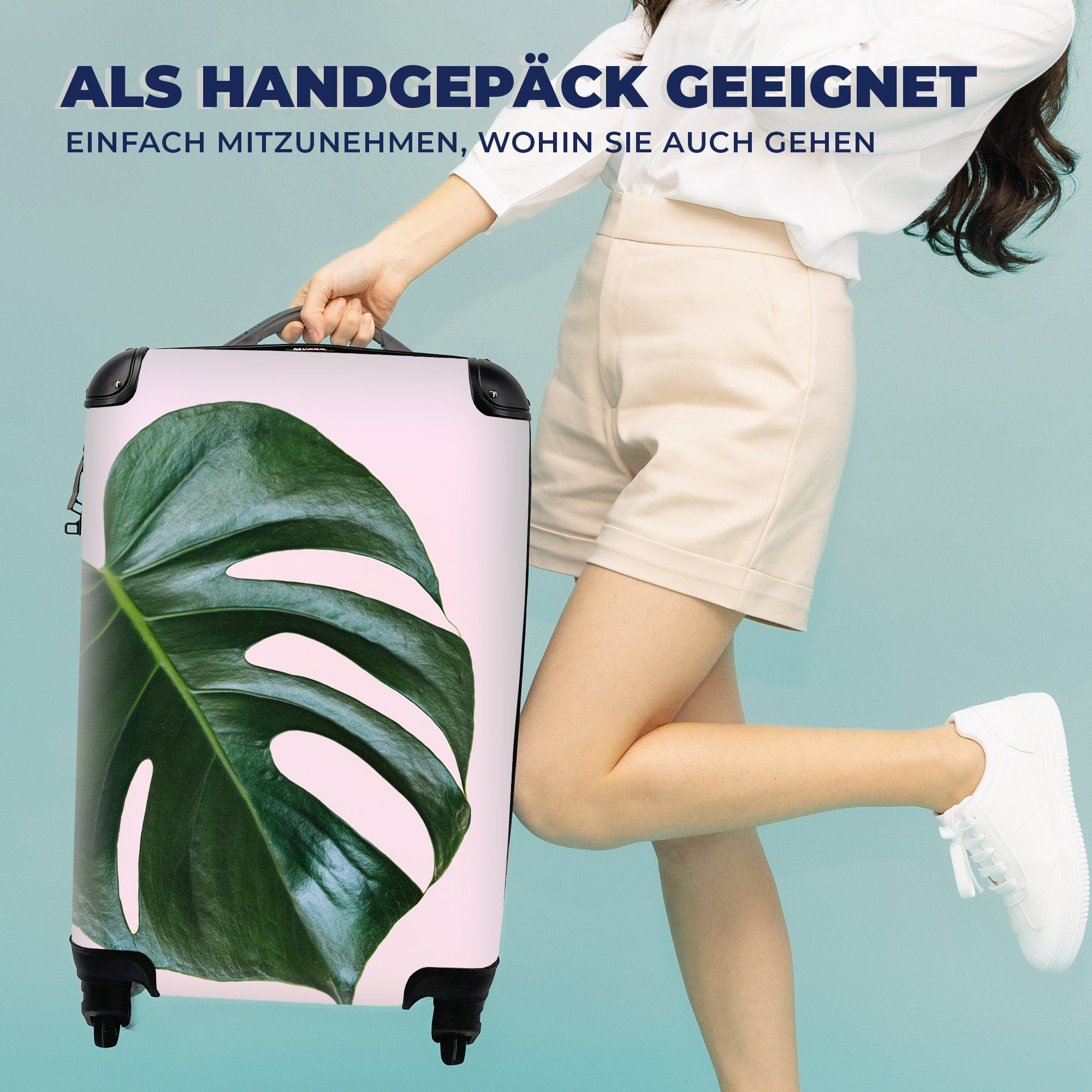 Reisetasche 4 Ferien, mit rosa Handgepäck Trolley, Rollen, Hintergrund, für Reisekoffer Handgepäckkoffer mit MuchoWow rollen, Monsterblatt