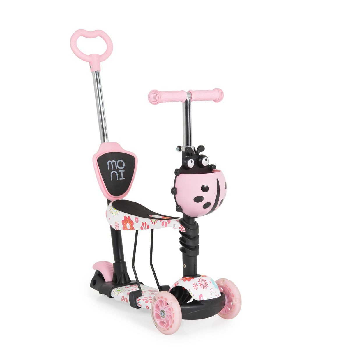 Moni Cityroller Lollipop 3 in 1, Schiebestange, LED-Vorderräder, verstellbarer Lenker, Hinterradbremse