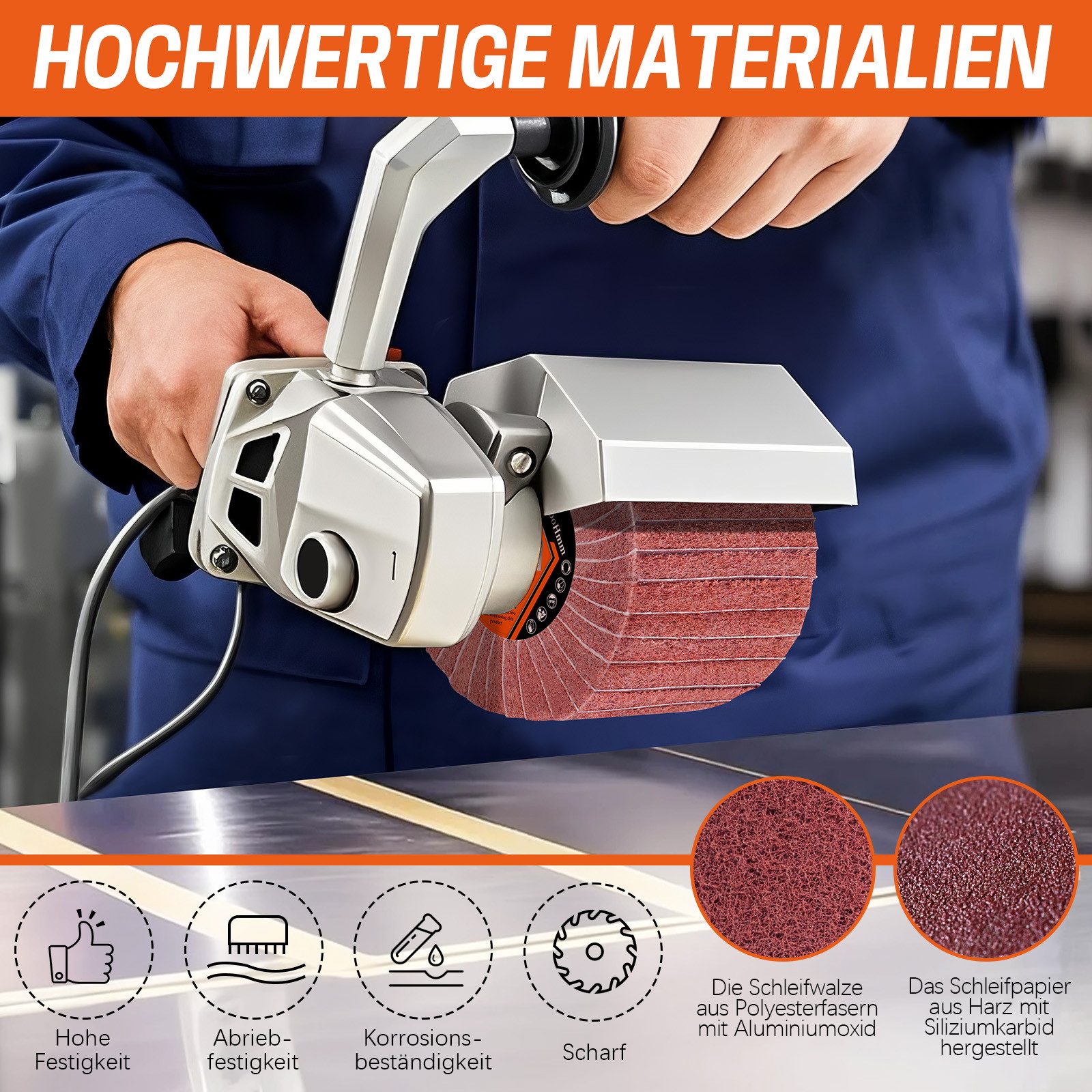 XERSEK Schleifroller Kunstfaserbürste aus PA-Fasern + Schleifpapier, Satinwalze 60-320#, Holz Metall, Stein renovieren, schleifen, Oxid, Schmutz Lack entfernen