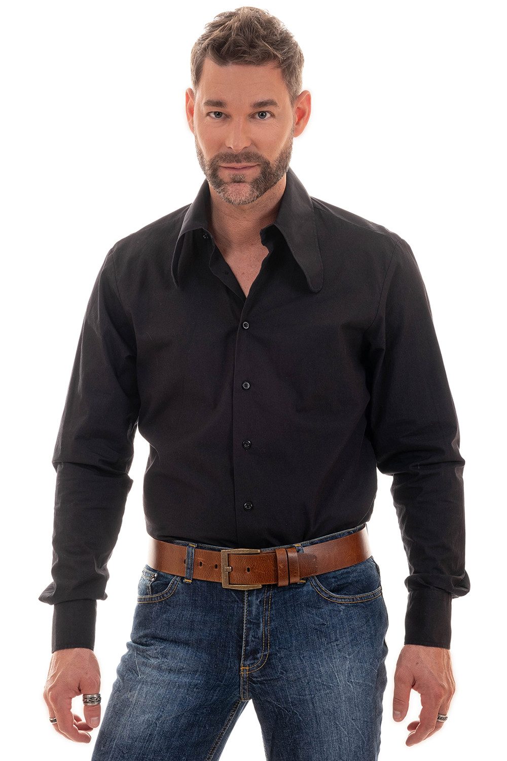 Comycom Langarmhemd Herren 70er mit Dackelohrkragen in schwarz