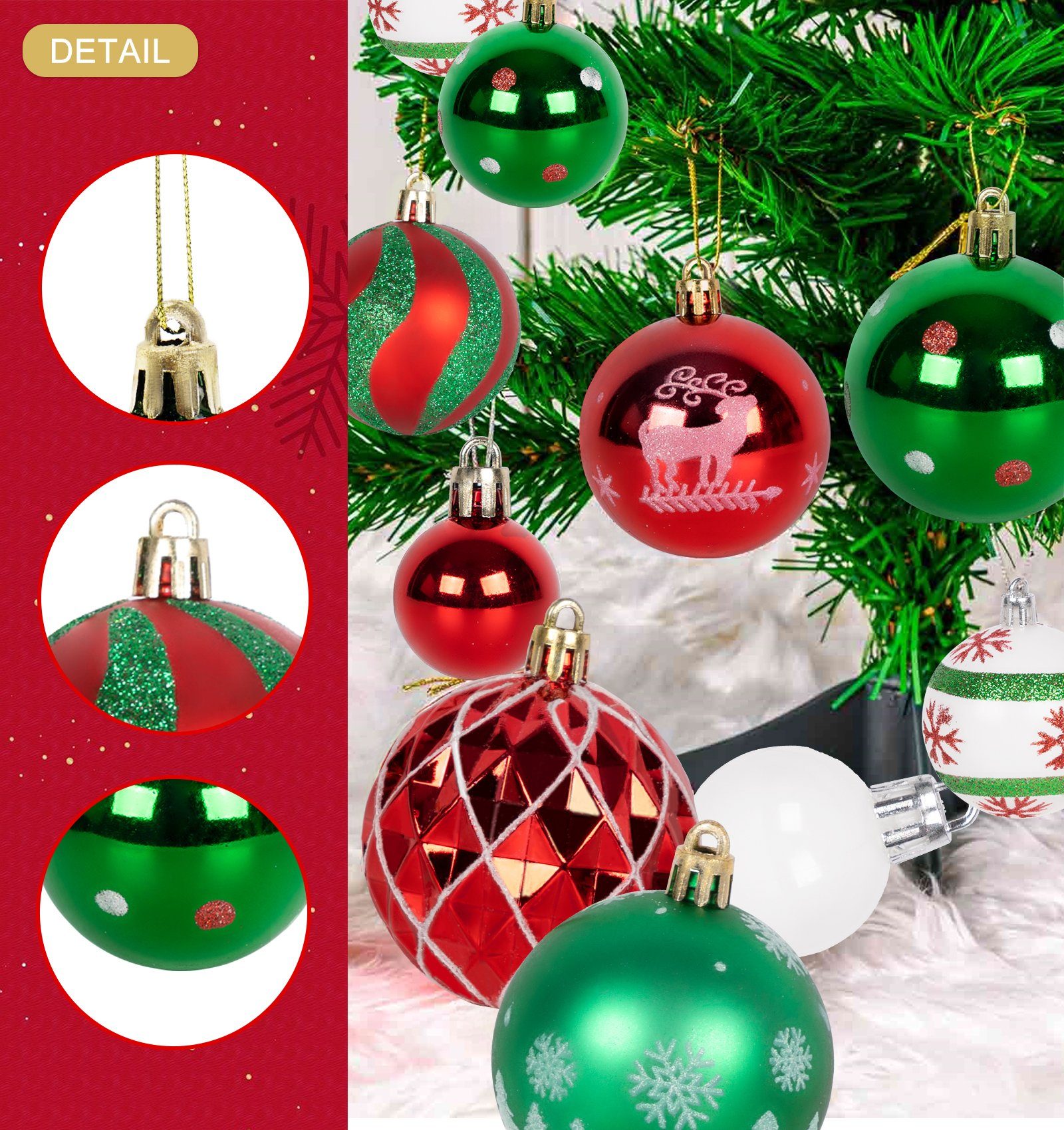 Dekoration Rot+Grün+Weiß (42-tlg), Set Glänzend Christbaumkugeln Ornamente Glitzernd Weihnachtskugeln Christbaumsdeko Homewit Weihnachten Christbaumschmuck