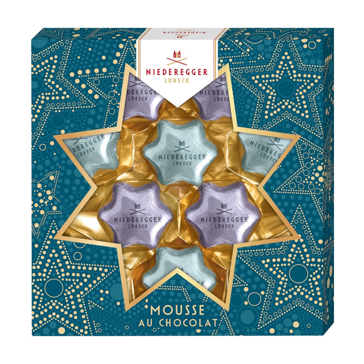 Niederegger Schokolade, Niederegger Pralinen Sterne Mousse Duo hell und dunkel Packung 125g