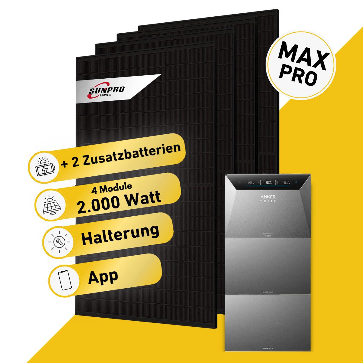 Balkonstrom Balkonkraftwerk MAX Pro 2000 Watt Solaranlage mit Speicher Komplettset Bifazial, 2000 W, Monokristallin, (4x Sunpro Solarmodul á 500 Watt, 1x Anker Solix 4 Pro Solarspeicher E5000, 1-5 Zusatzspeicher BP5000), Halterung für Dach, Fassade, Balkon & Garten, App & Plug&Play DE