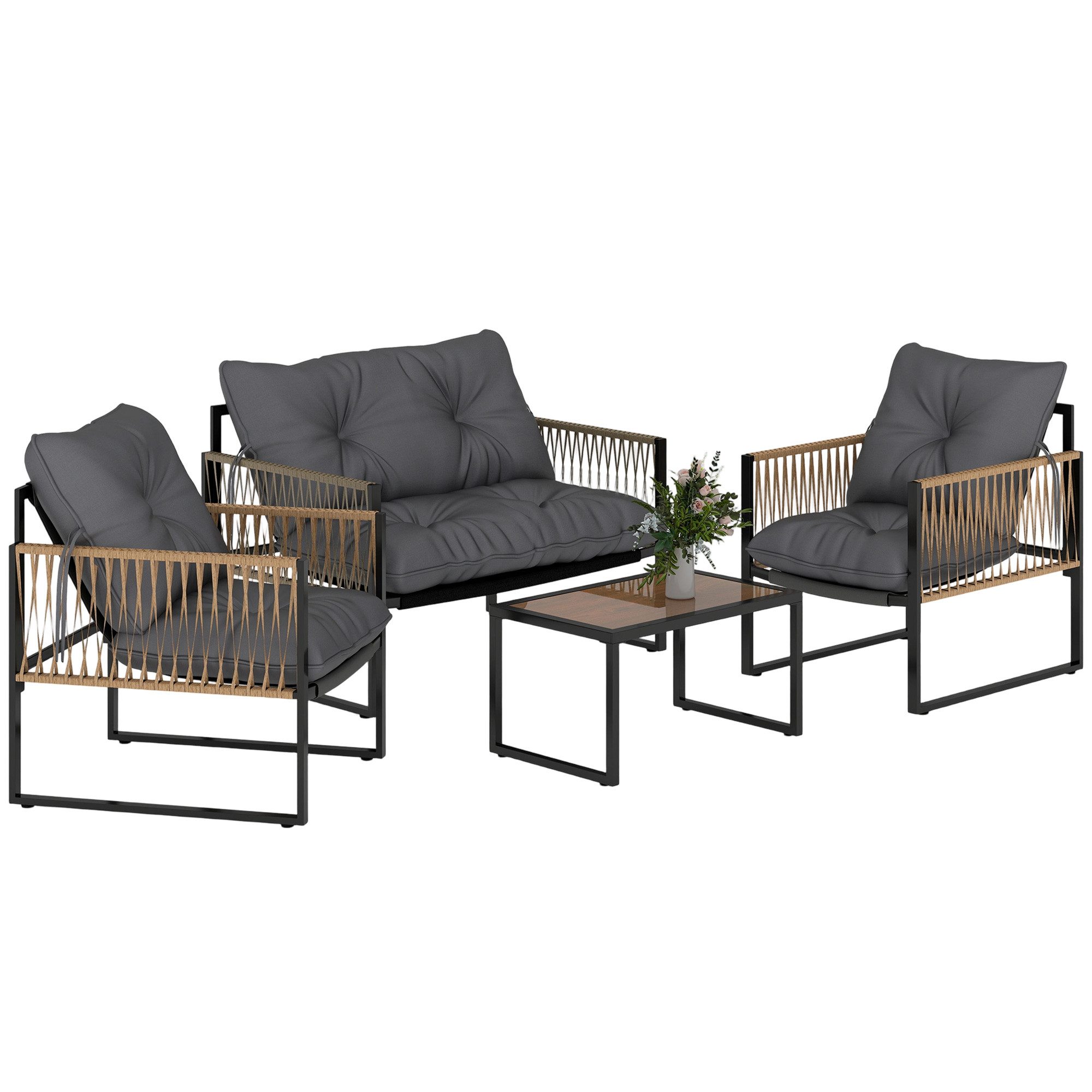 Outsunny Sitzgruppe 4 tlg. Rattan Gartenmöbel-Set mit 1 Couchtisch, 2 Sesseln, Zweisitzer, (Garten Lougen Set, 4-tlg., Gartengarnitur), für Garten, Terrasse, Stahl, Braun