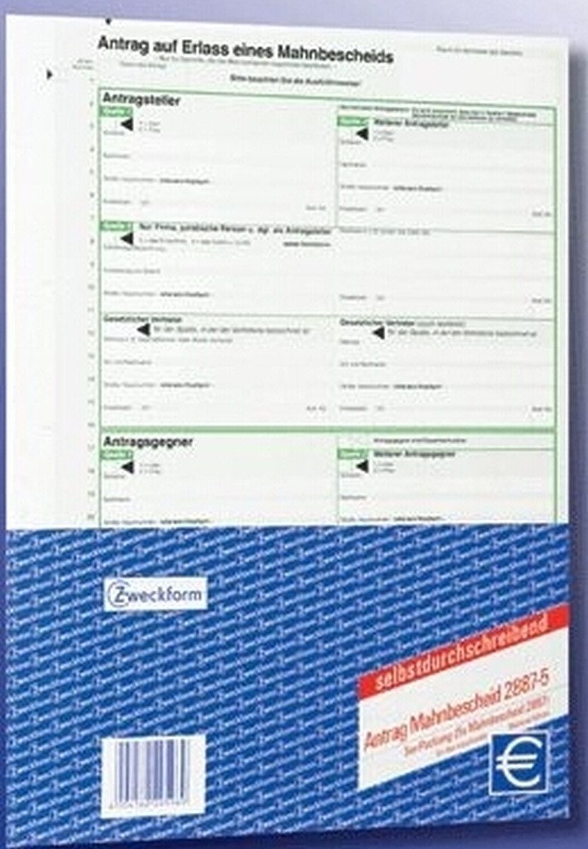 Formularblock Mahnbescheid A4 selbstdurchschreibend maschinelle Bearbeitung 2-fach