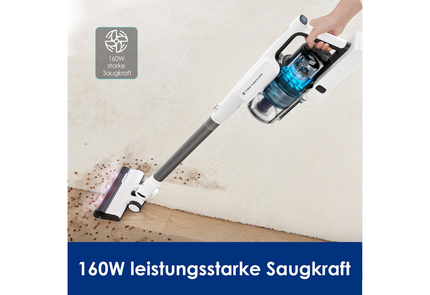 Tineco Akku-Stielstaubsauger A30S Plus, 160Watt Saugleistung, 1L Staubbehälter, Schmutzerkennung, 500 W, beutellos, Anti Haar-Verhedderung, 60 Minuten Akku Laufzeit, Akku wechselbar