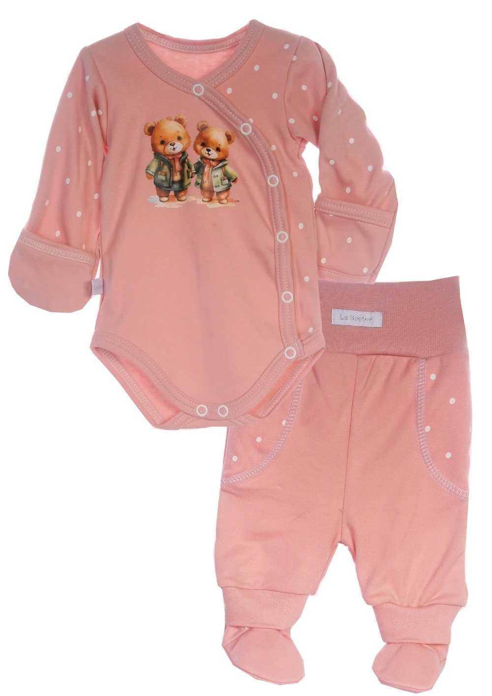 La Bortini Body & Hose Wickelbody Hose Baby Anzug 2tlg Set Body in Puderrosa mit Bären Body mit Kratzschutz, aus reiner Baumwolle, 44 50 56 62 68 74 80 86