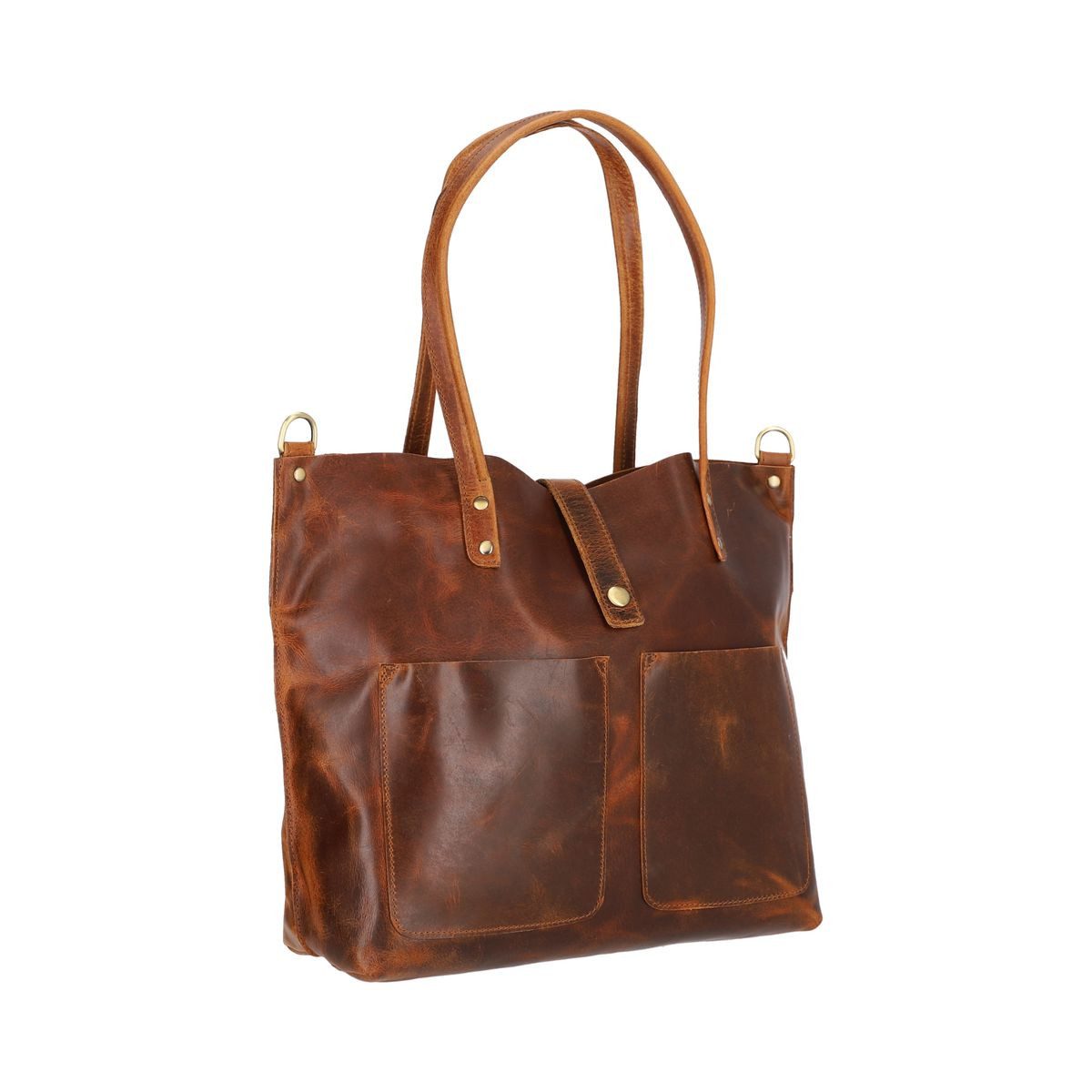 Corno d´Oro Shopper Damen Leder Handmade Große Schultertasche Cognac, mit breitem verstellbarem Schultergurt, Vintage Leder