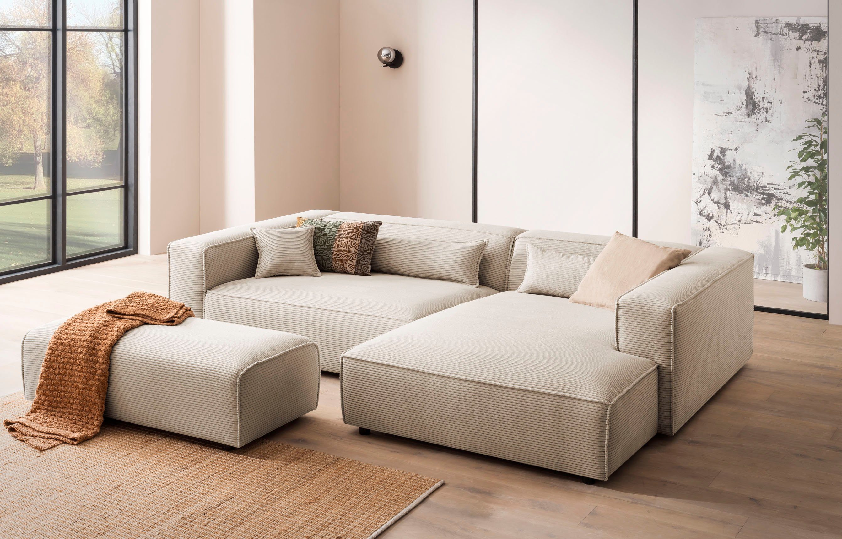LeGer Home by Lena Gercke Ecksofa PIARA XXL, L-Form, Schlaffunktion, Cord, Leinenoptik o. Strukturstoff, Hocker stellbar zum Schlafsofa (Krokodilverbinder), tiefe Sitzfläche